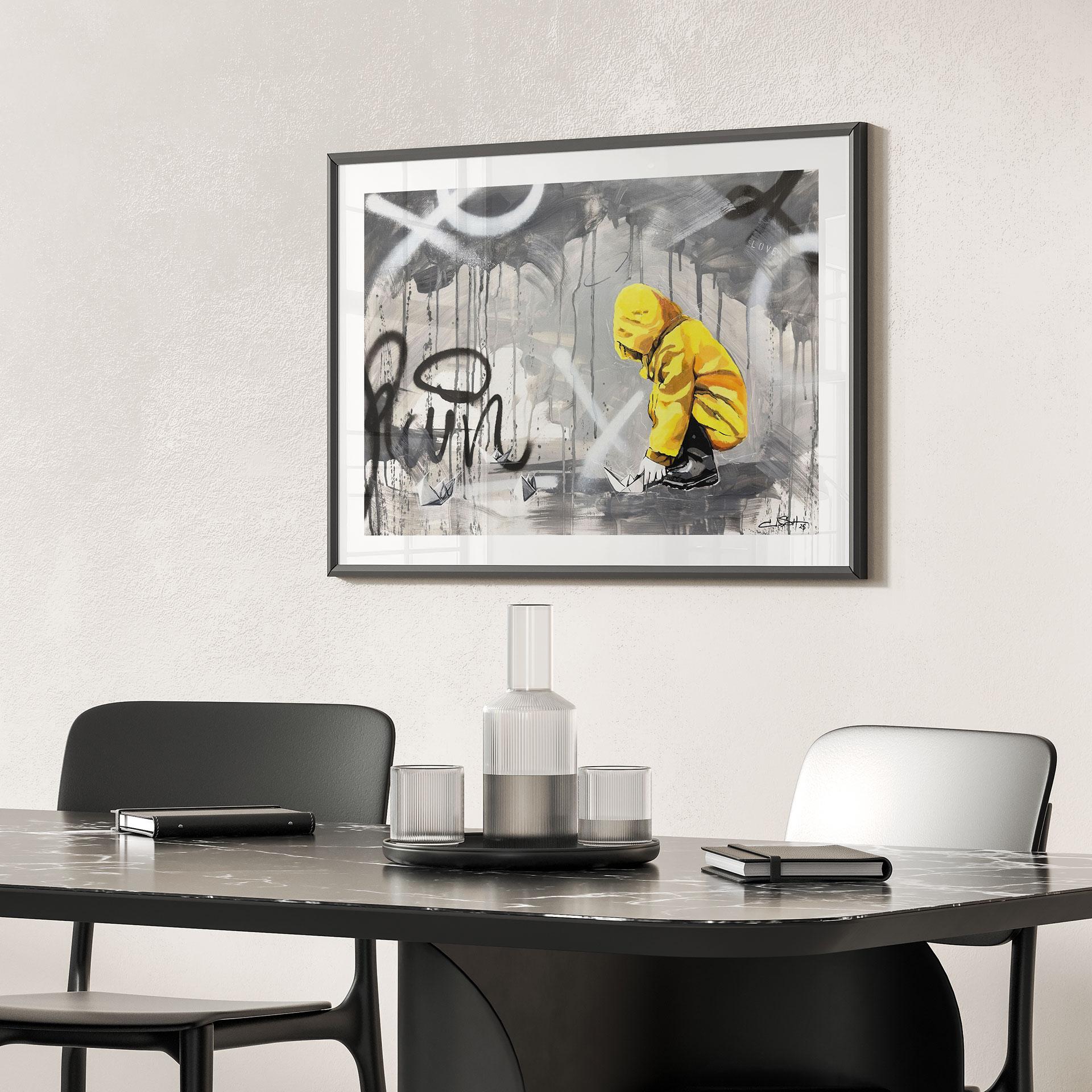 Poster Kind mit Papierschiff Streetart - Habib