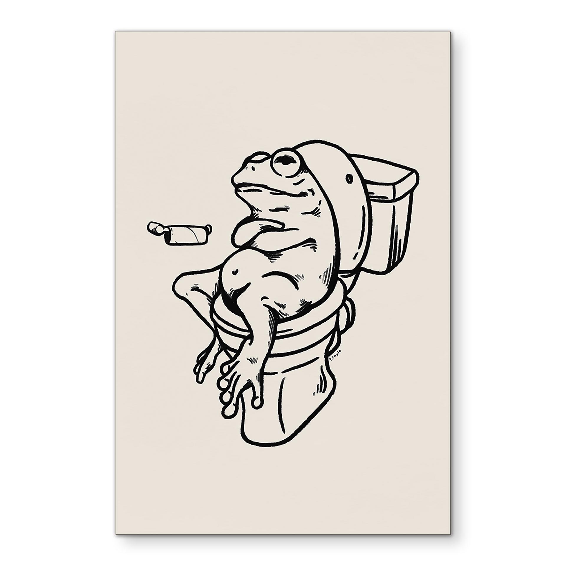 Wandbild Warten auf der Toilette - Humorvolle Frosch-Illustration - Royle - Alu-Dibond