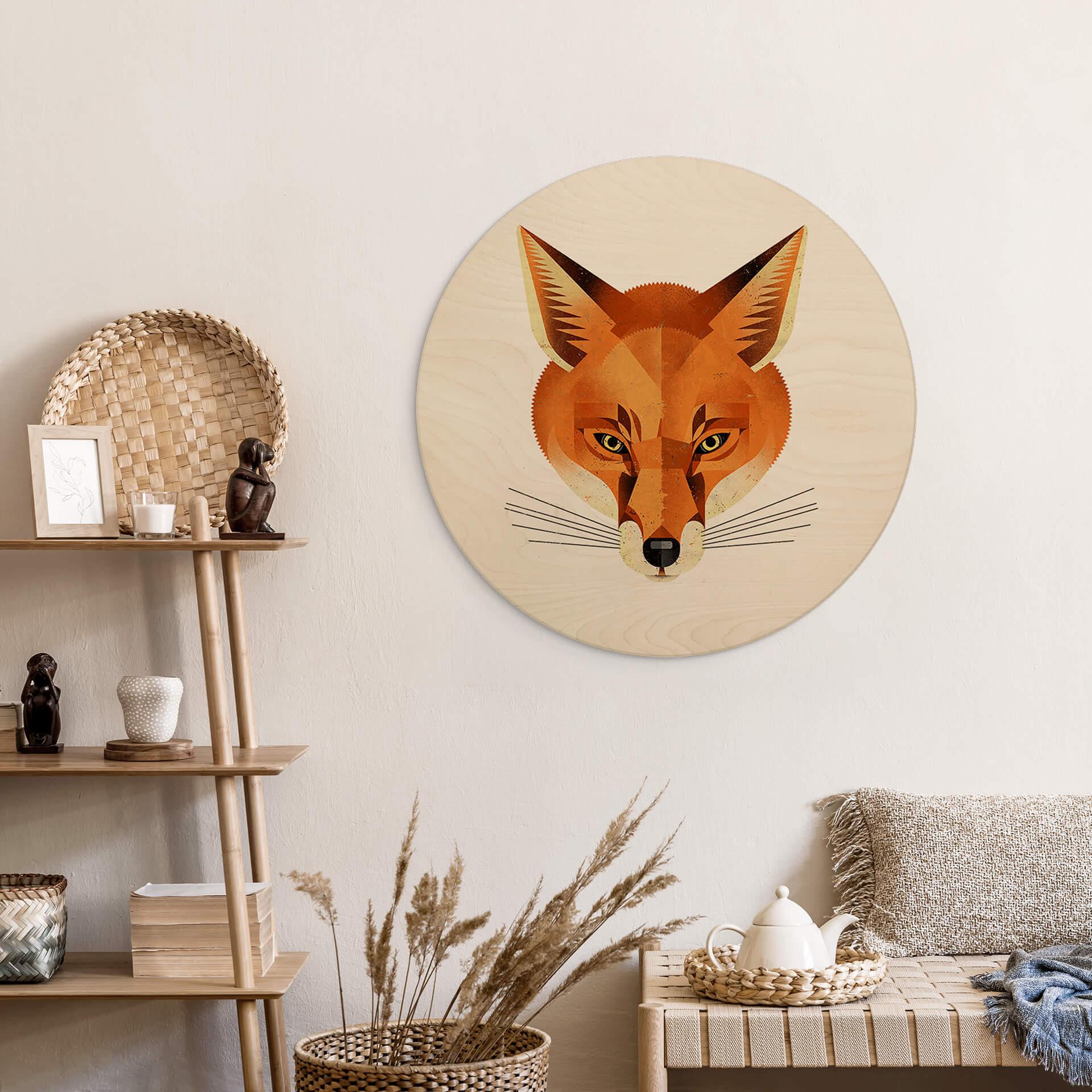 Holzbild Fuchs - Tier-Motiv Rund - Braun