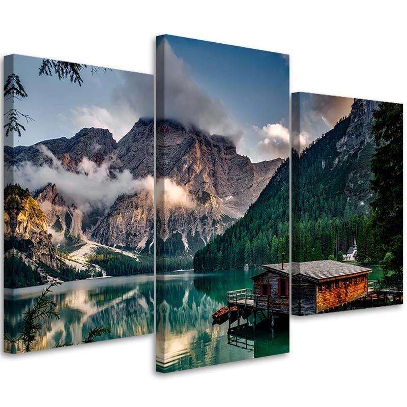3 stykke lærredstryk, Hut Mountains Lake Landscape