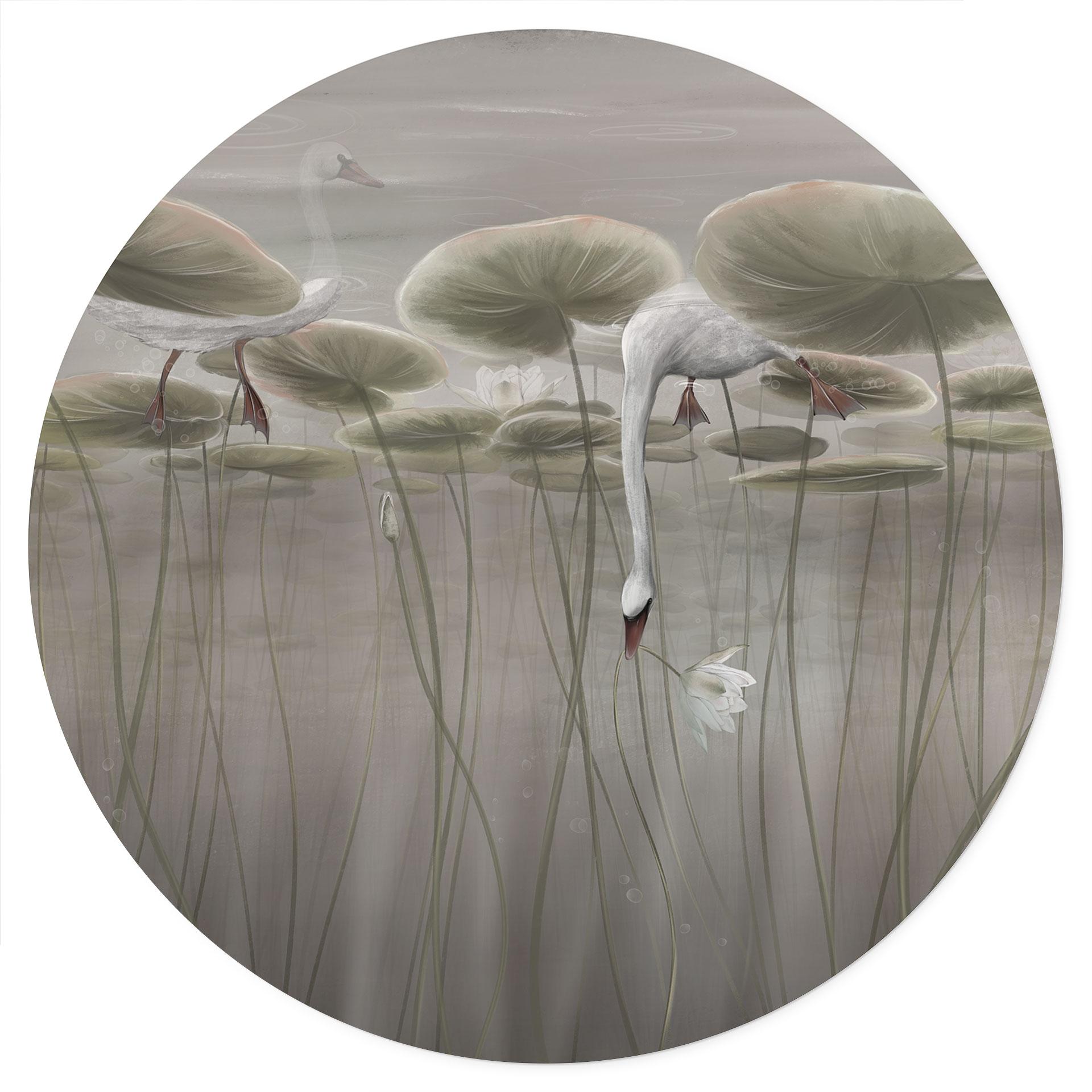 Wandtattoo Lotusblumen mit Schwan im Wasser in Grau - Ms Tiff - Rund