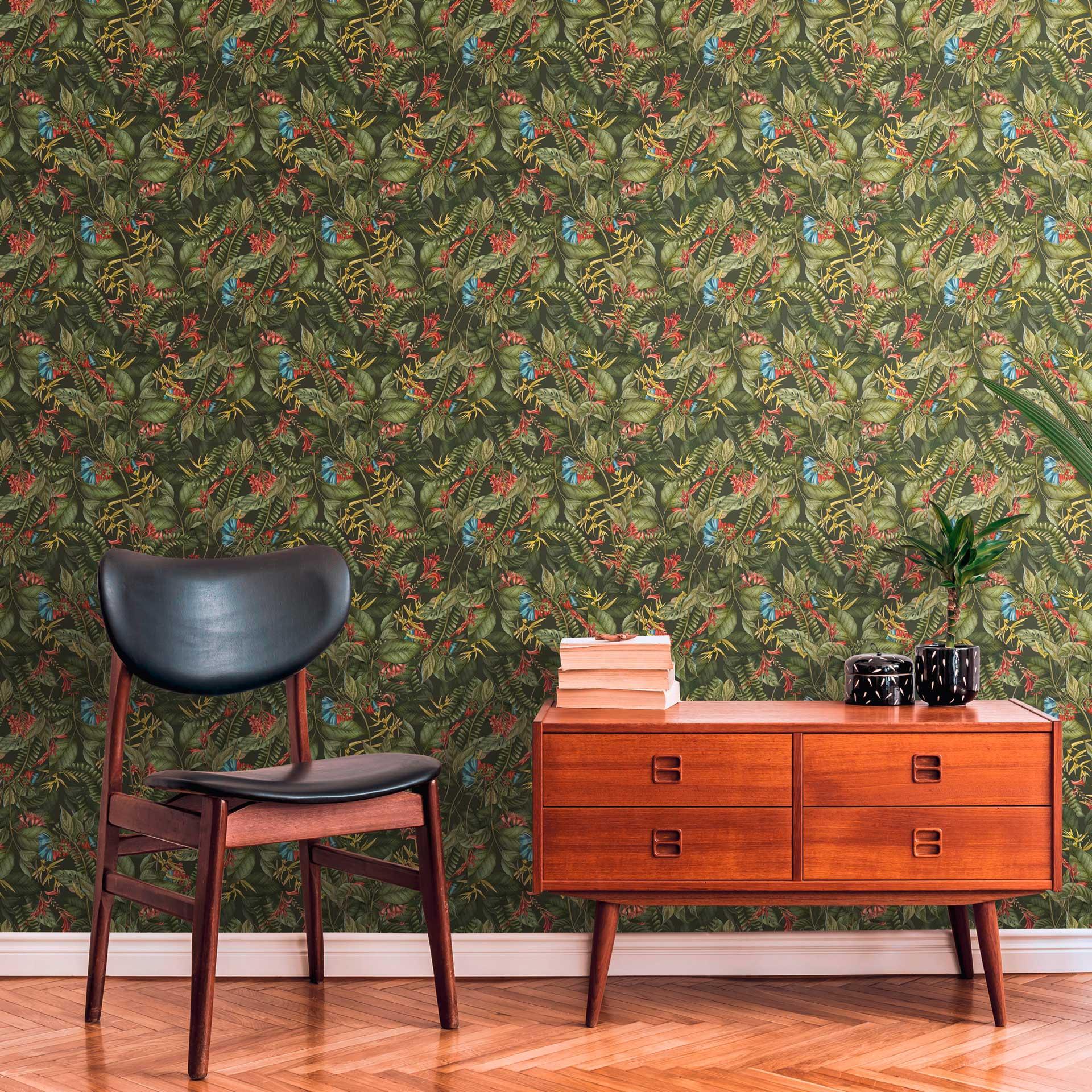 junglemotiv tapet grøn - non-woven tapet med røde blå blomster