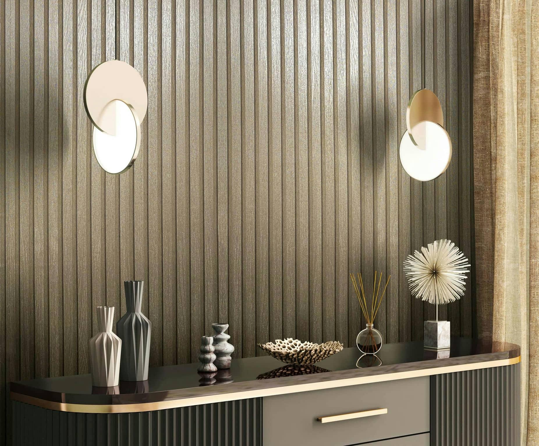 Vliesbehang in glanzende streepoptiek als akoestische panelen goud-metallic look