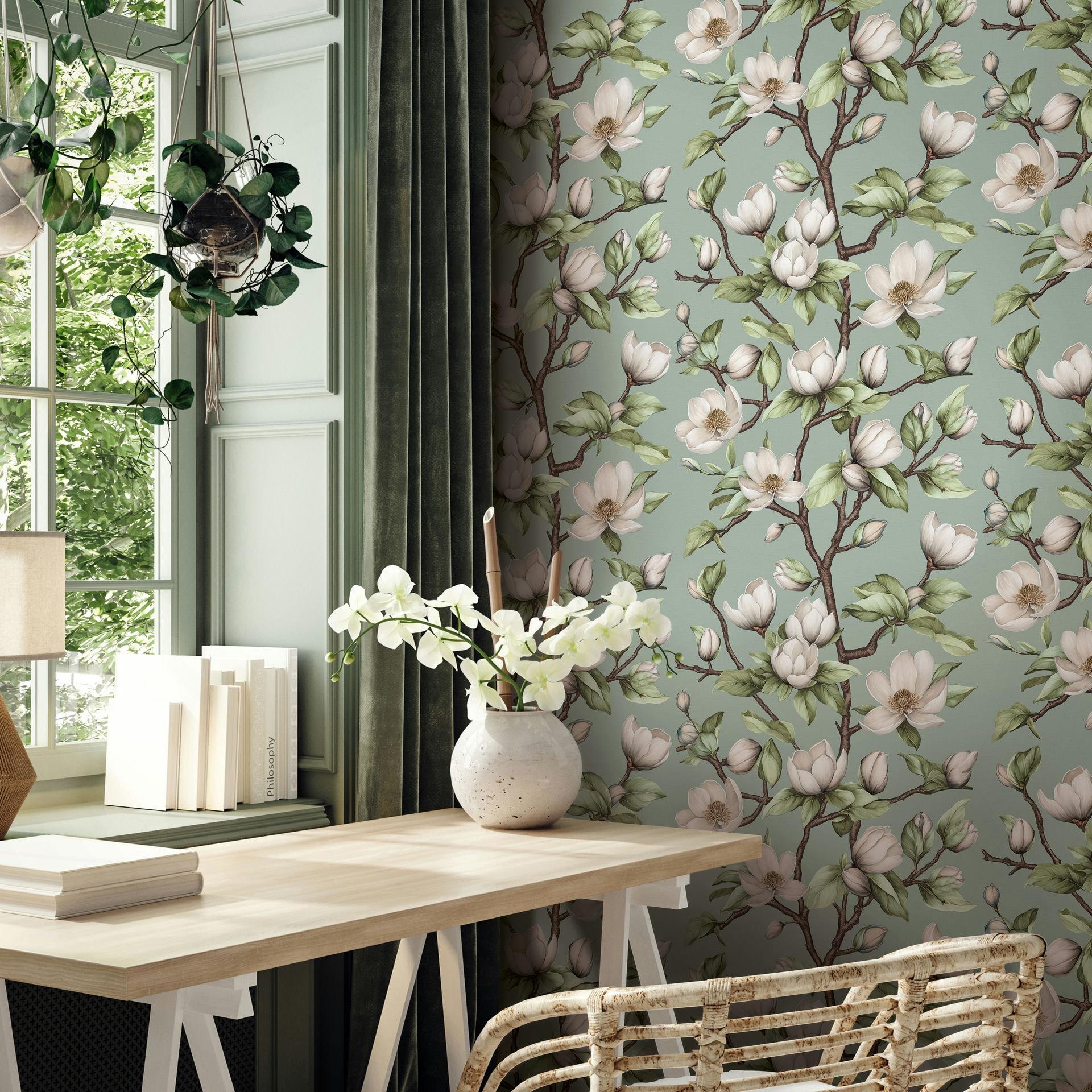 Vliesbehang takken, bloemen bloemen natuur mat in groen wit