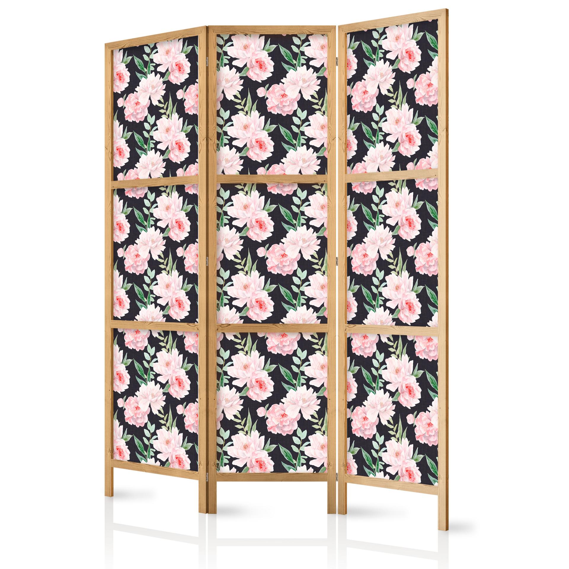Japanischer Paravent, Raumteiler freistehend, Trennwand - Peonies on Graphite Background