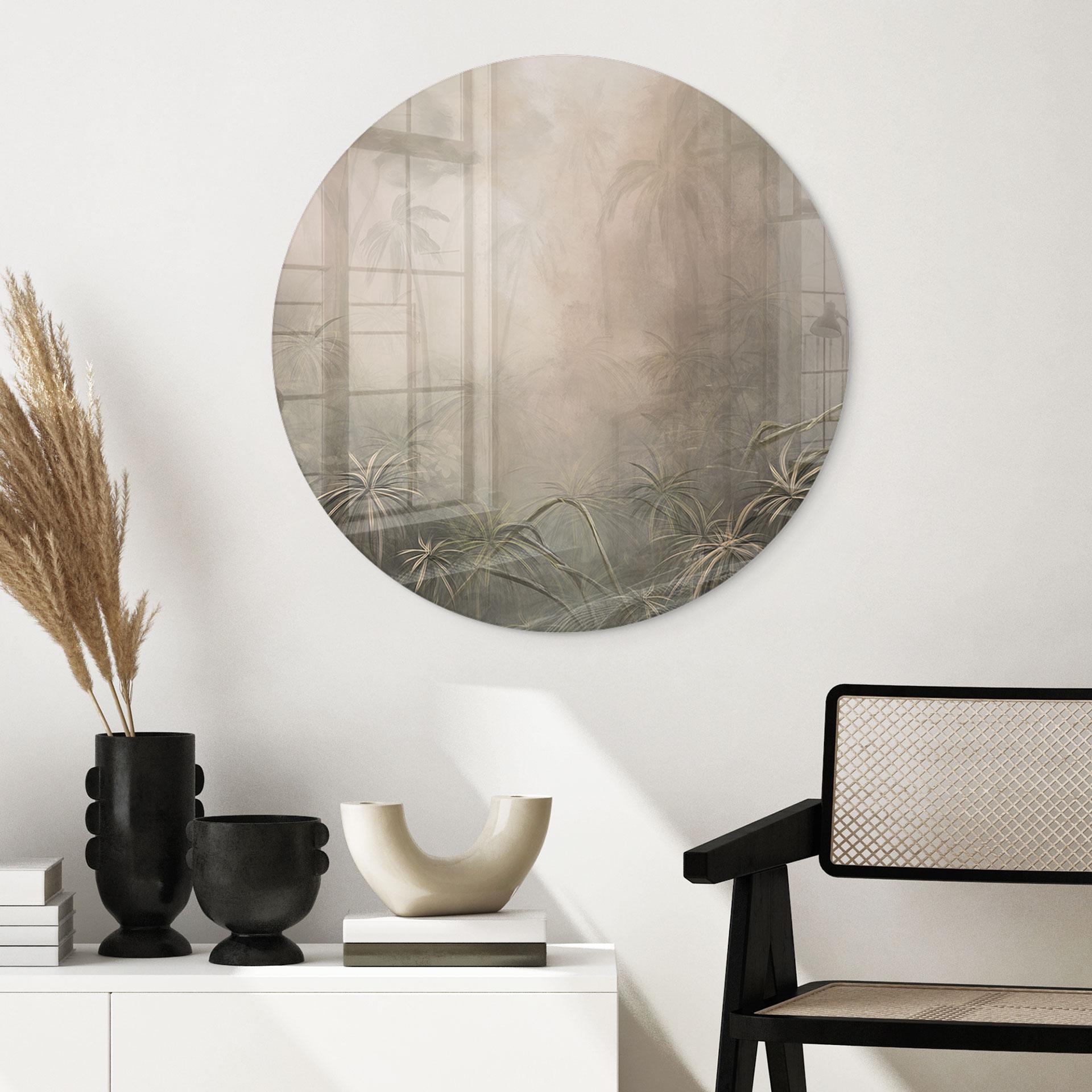 Glasschilderijen Mystiek regenwoud in de mist - Ms Tiff - Rond