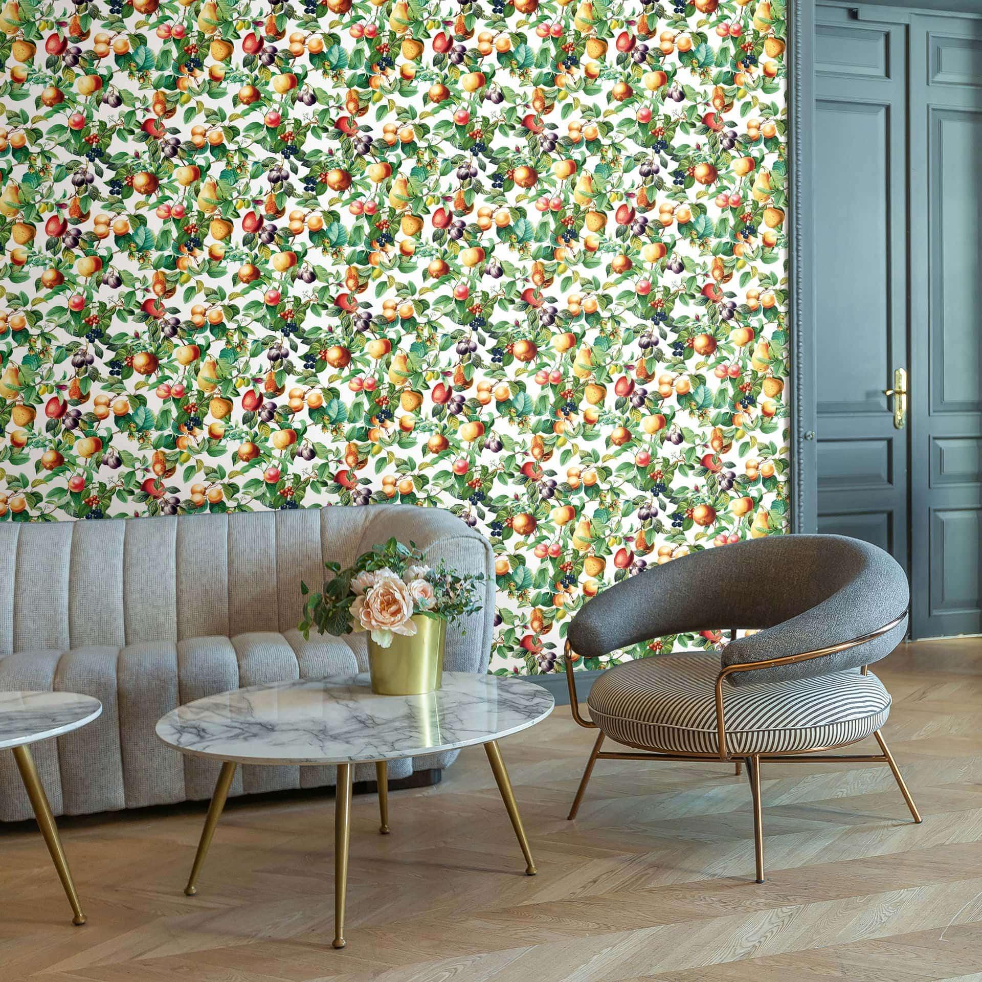 Vliesbehang vruchten, bladeren bloemen natuur mat in zwart