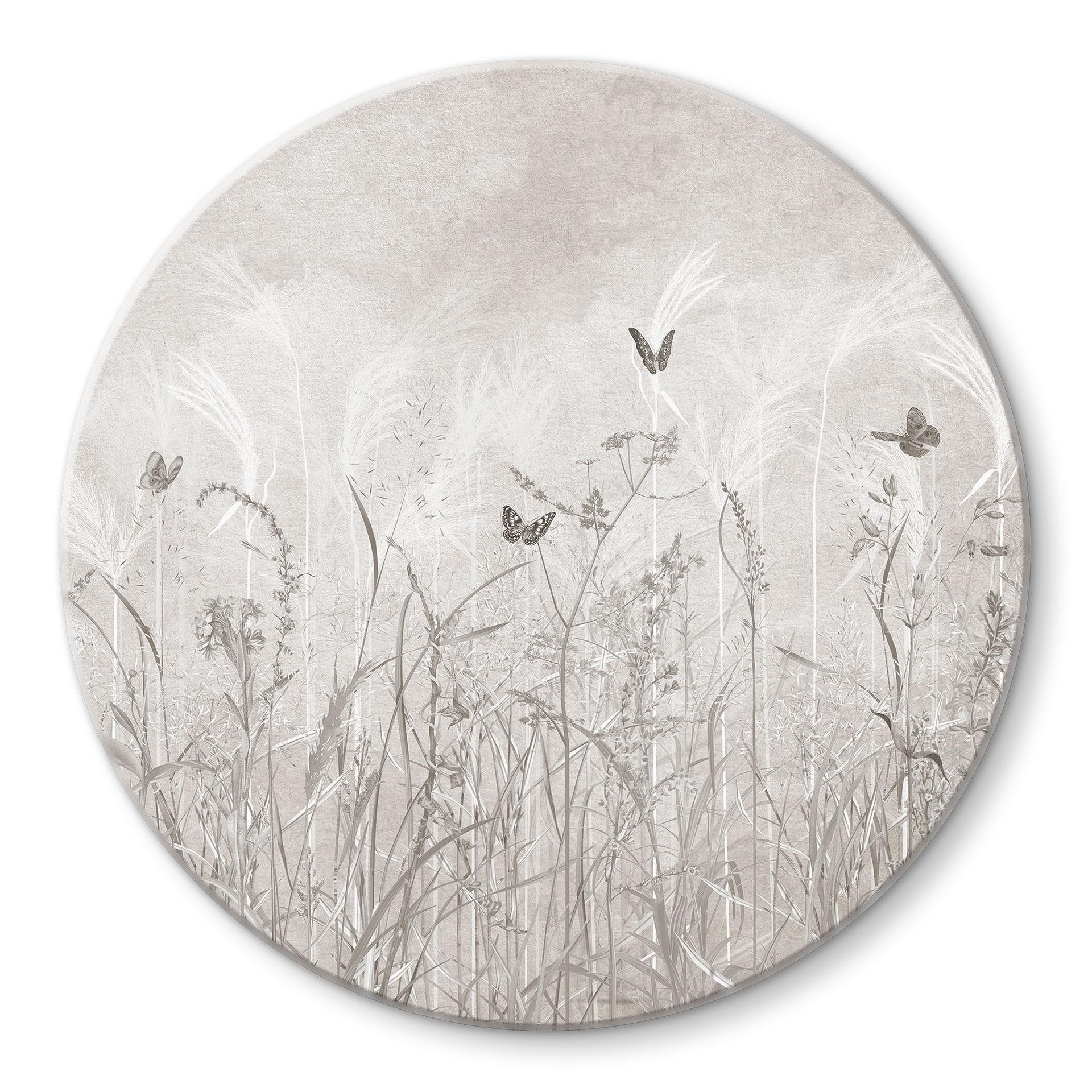 Glasbild Wildblumenwiese mit Schmetterlingen im skandinavischen Design - Ms Tiff - Rund