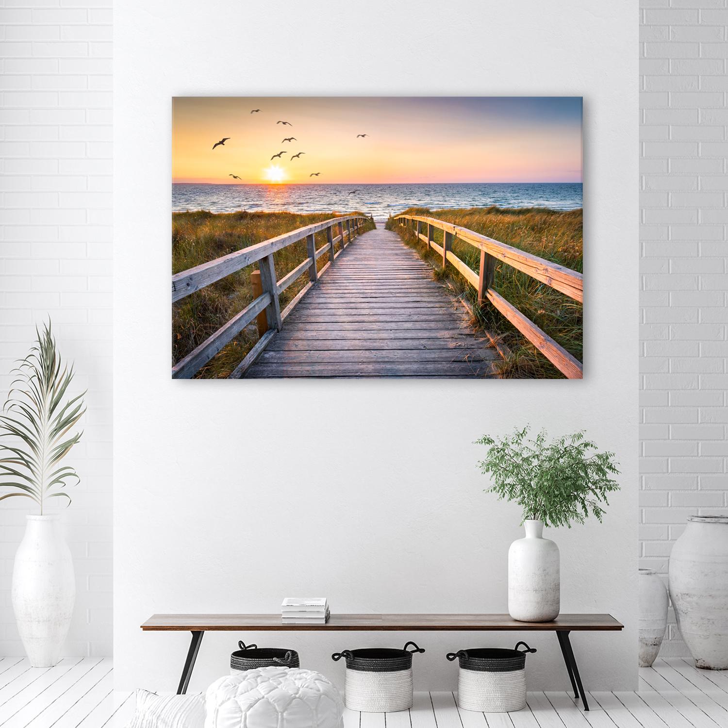 Canvasbillede, Solnedgang hav strand