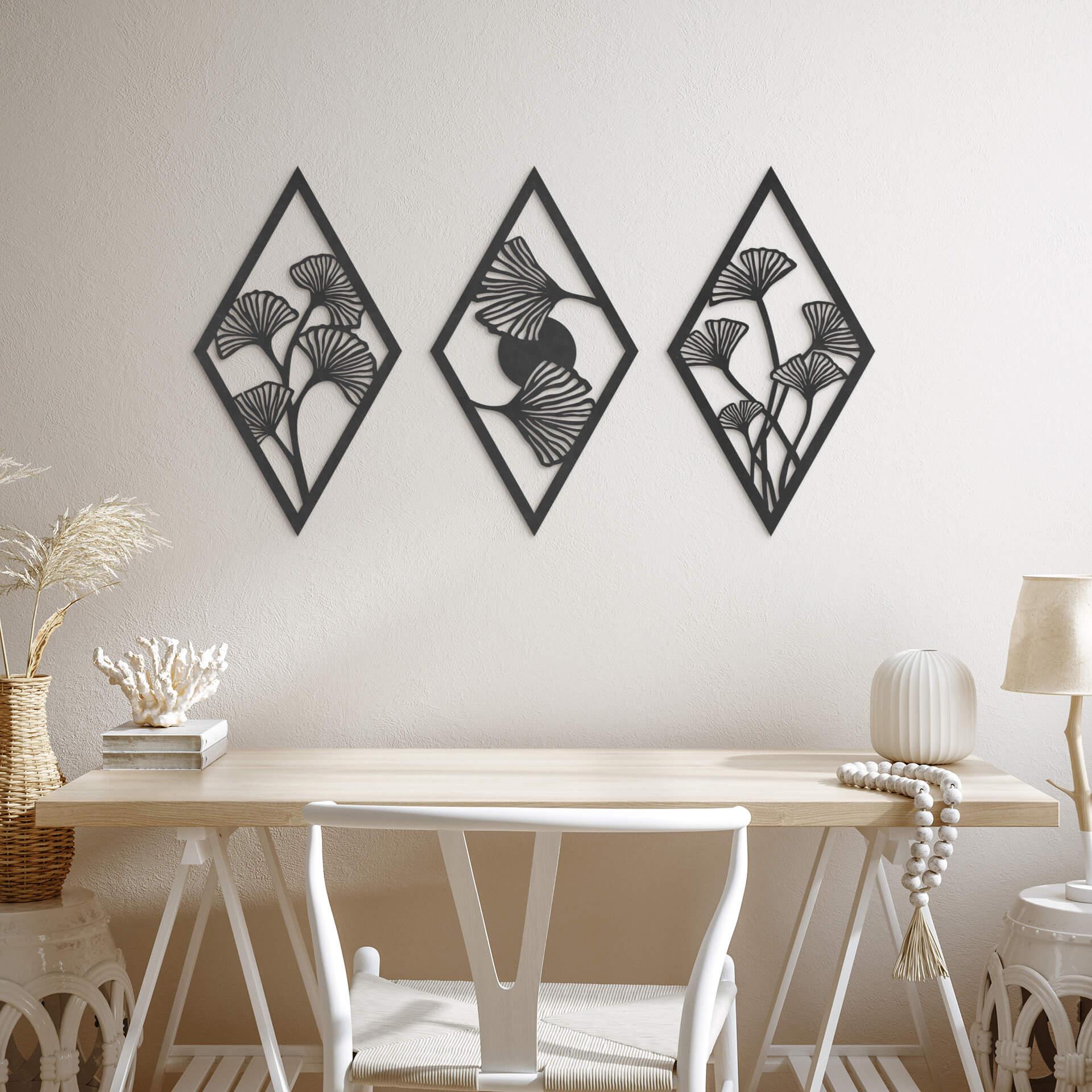 Decoración en madera Juego de hojas de Ginkgo - forma de diamante - MDF (3 piezas)