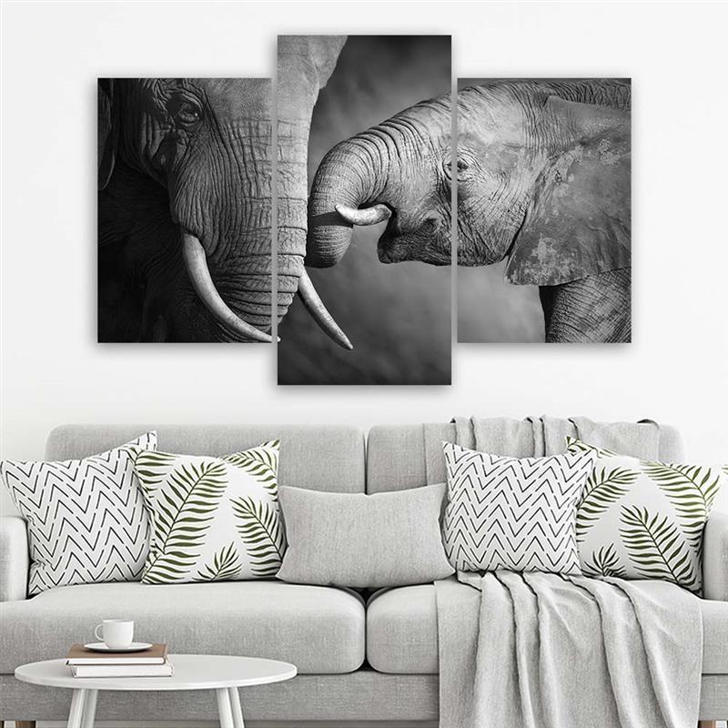 3-delige canvas print olifant zwart en wit