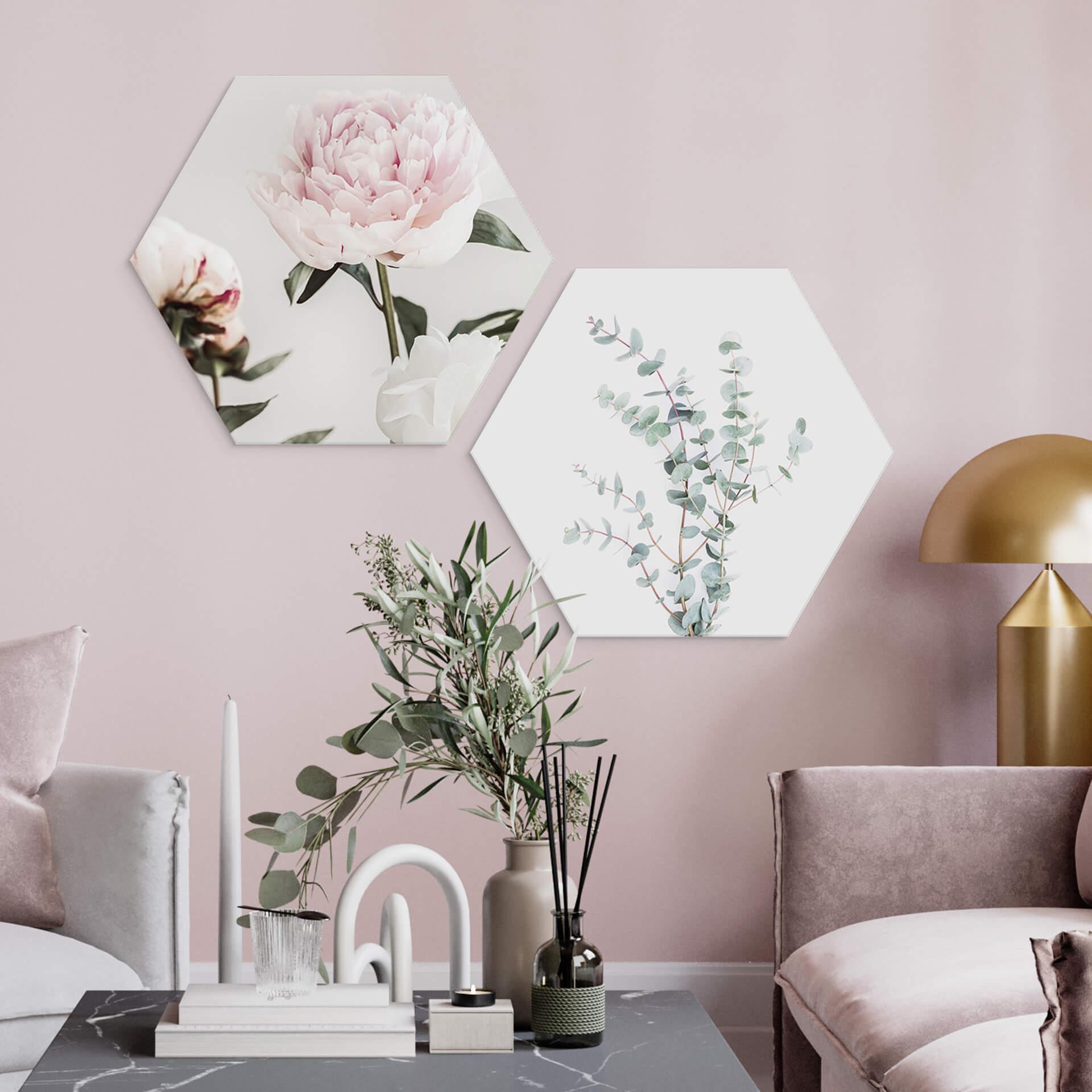 Hexagon - Alu-Dibond 1X Studio - Drei blühende Pfingstrosen