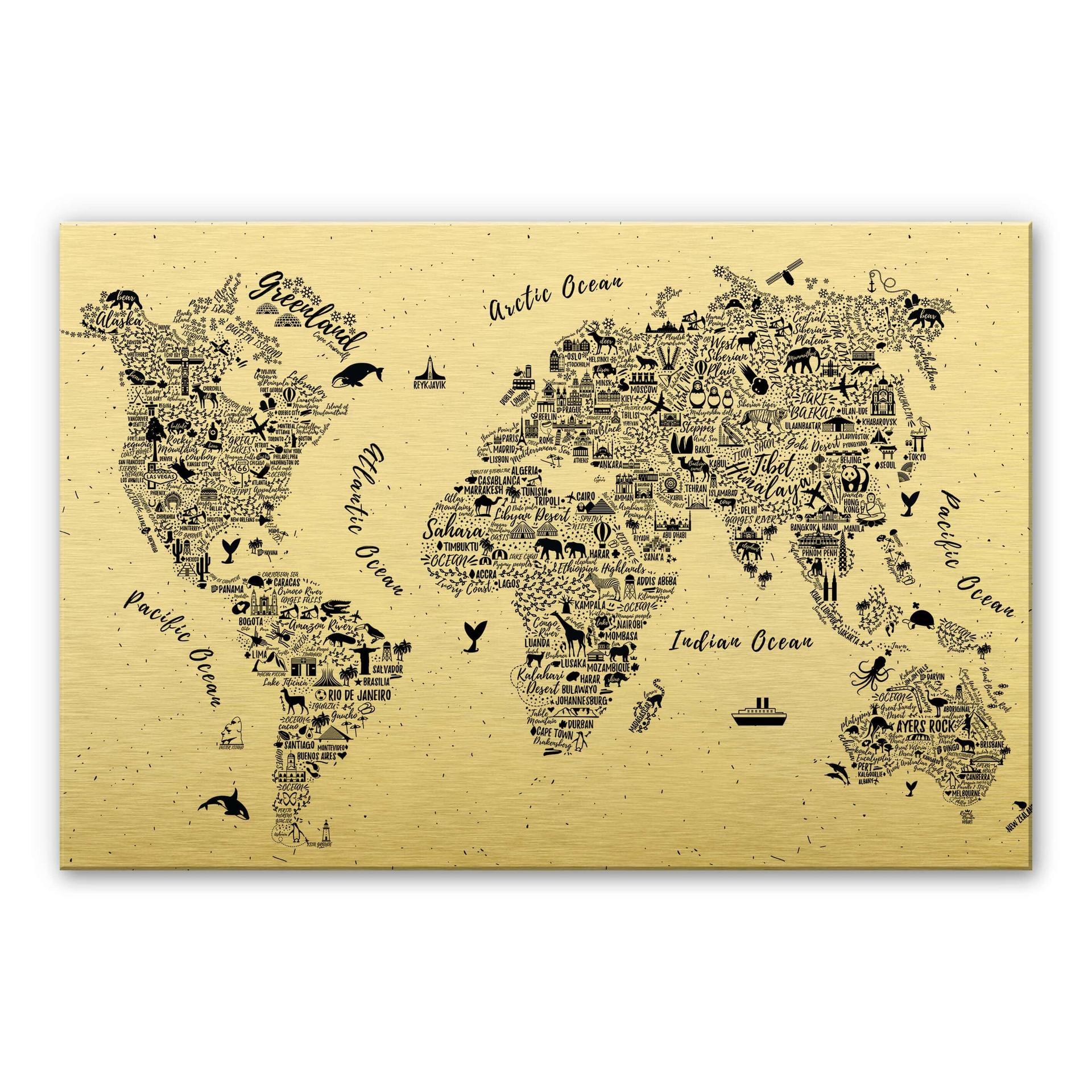 Alu-Dibond Guldeffekt - Verdenskort Around the world