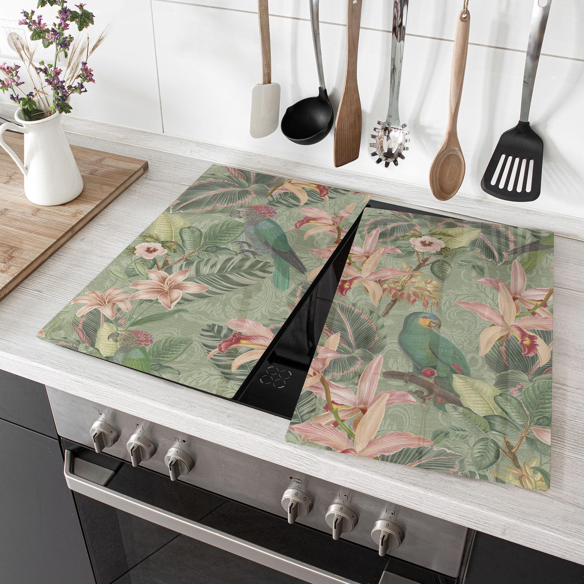 Komfurlåge jungle med papegøjer grøn - Bloomery Decor