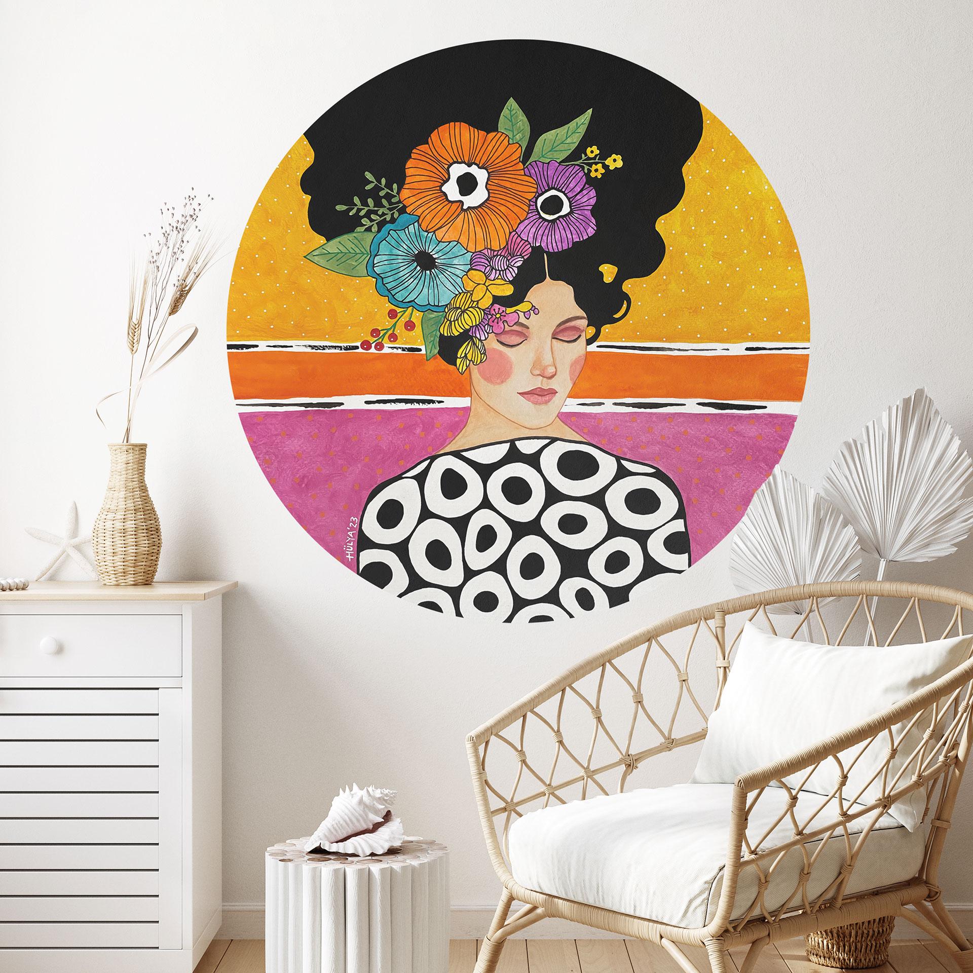Wallsticker Kvinde med farverig blomsterkrone - Hülya - Rund