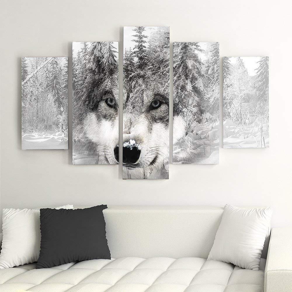 5 stykke lærredsprint, Wolf Forest Animal Grey