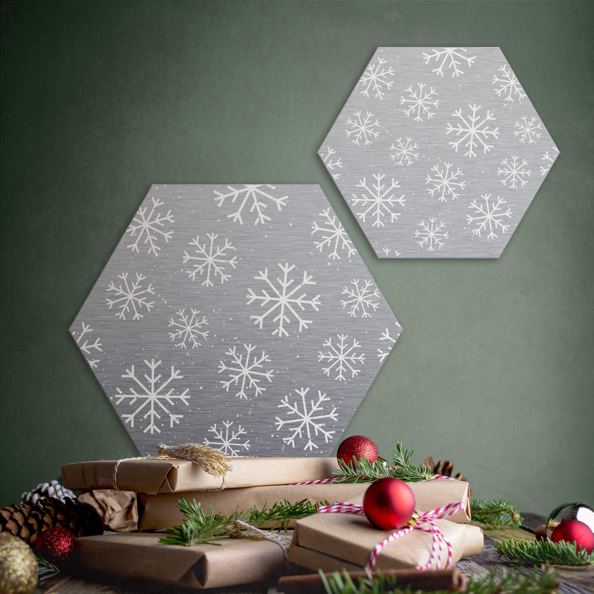Hexagon - Alu-Dibond sølv og snefnug