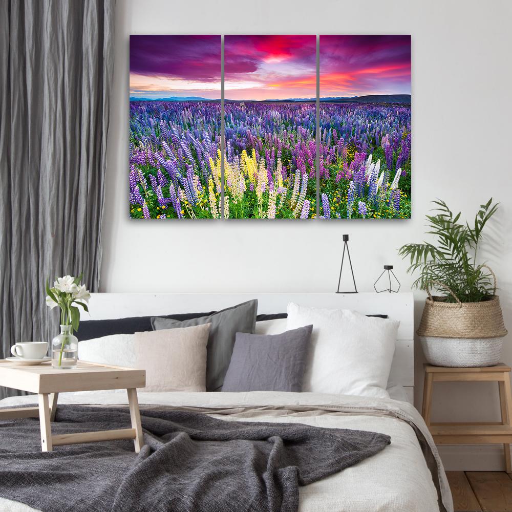3 stykke lærredstryk, blomstereng lavendellandskab