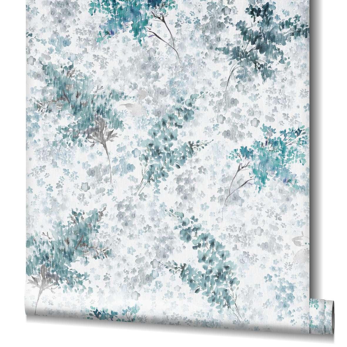 Behang met patroon, vlies bloemen behang Flora grijs, turquoise