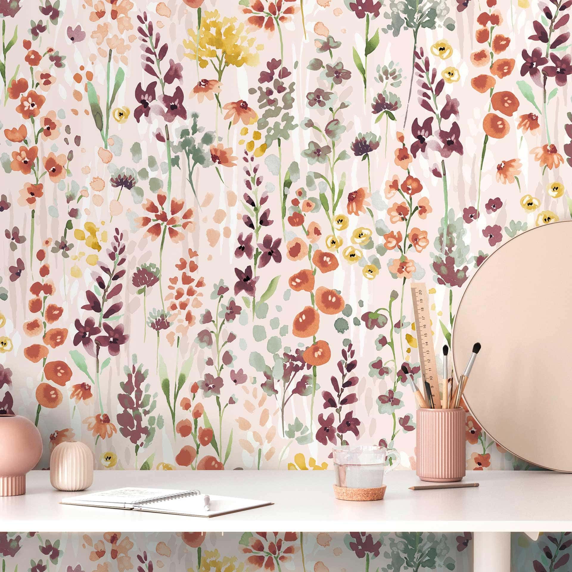 Blomster tapet akvarel look beige brun - Tapet med mønster naturlige toner - ikke-vævet tapet