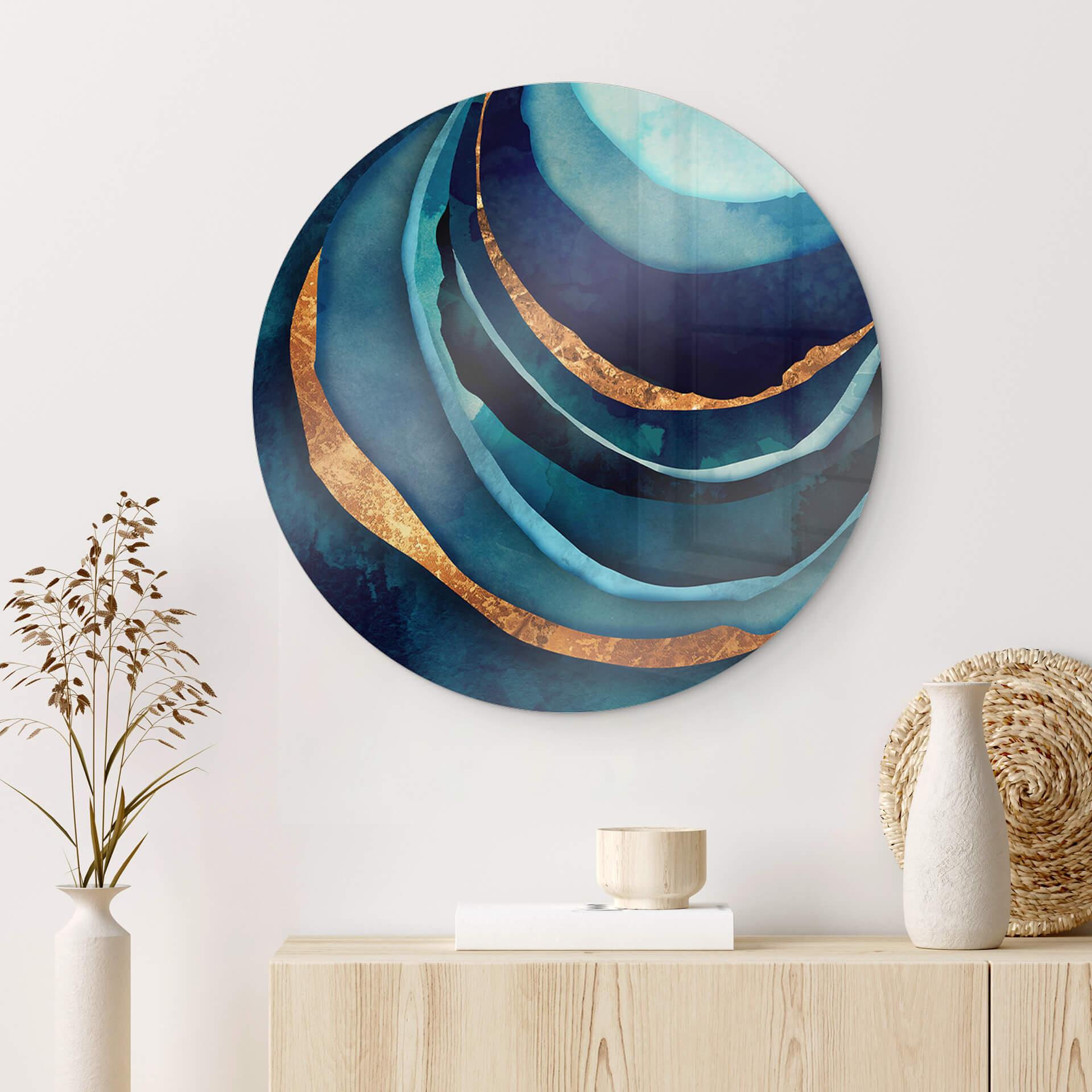 Glasschilderij SpaceFrog Designs - Abstract Blauw en Goud