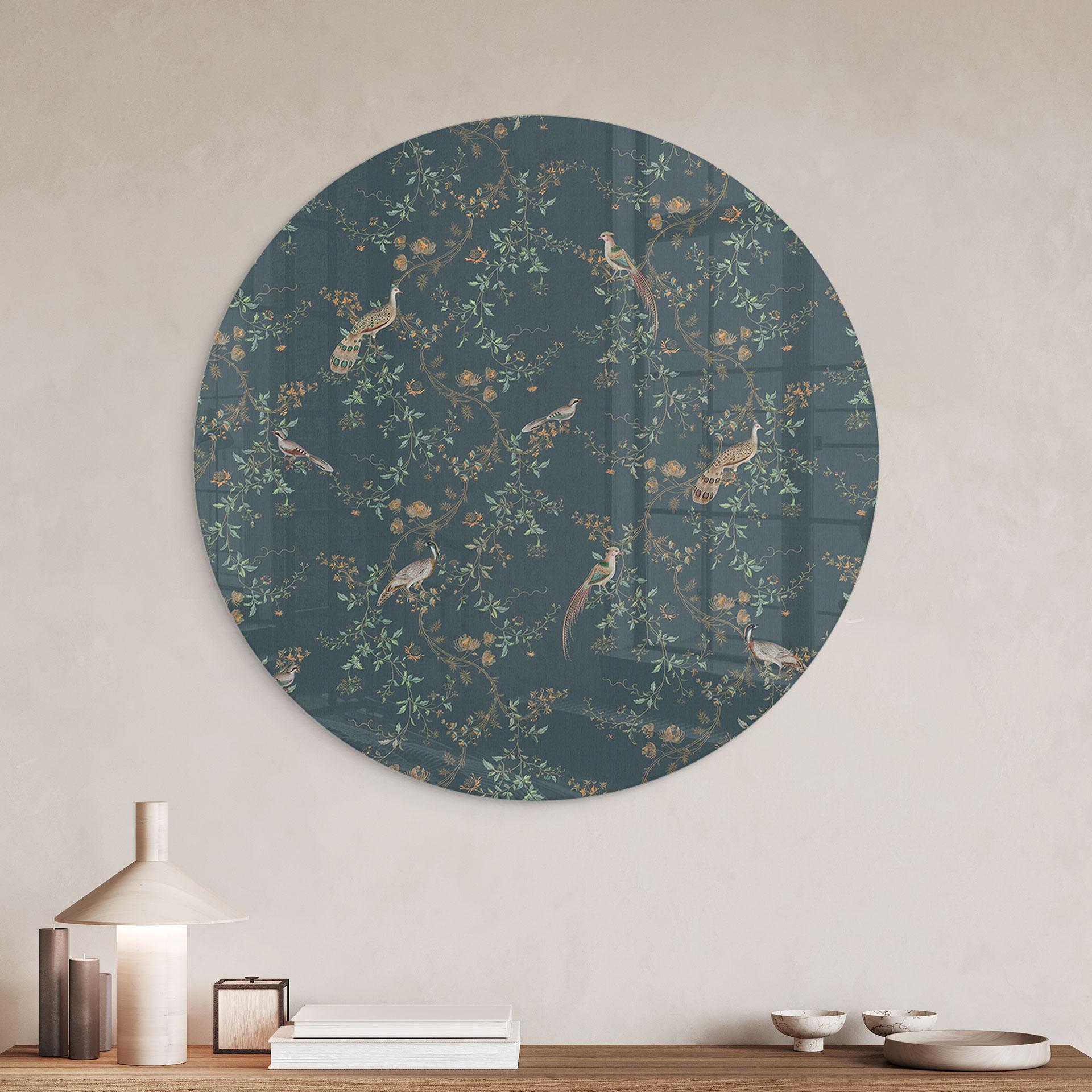 Glasbillede - Eksotiske fugle i skoven - Bloomery Decor - Round
