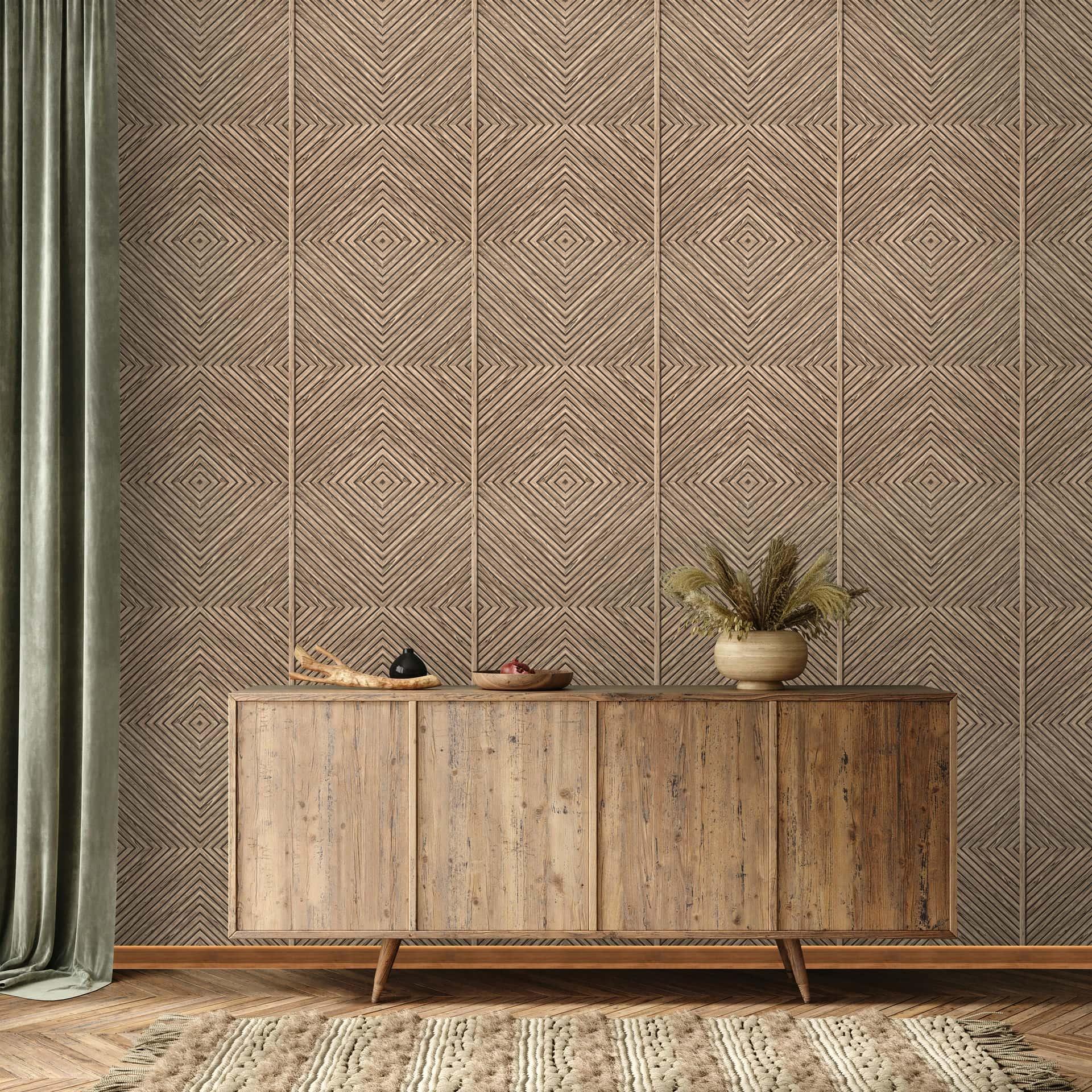Ikke-vævet tapet træ, geometrisk trælook, mat landhus i beige