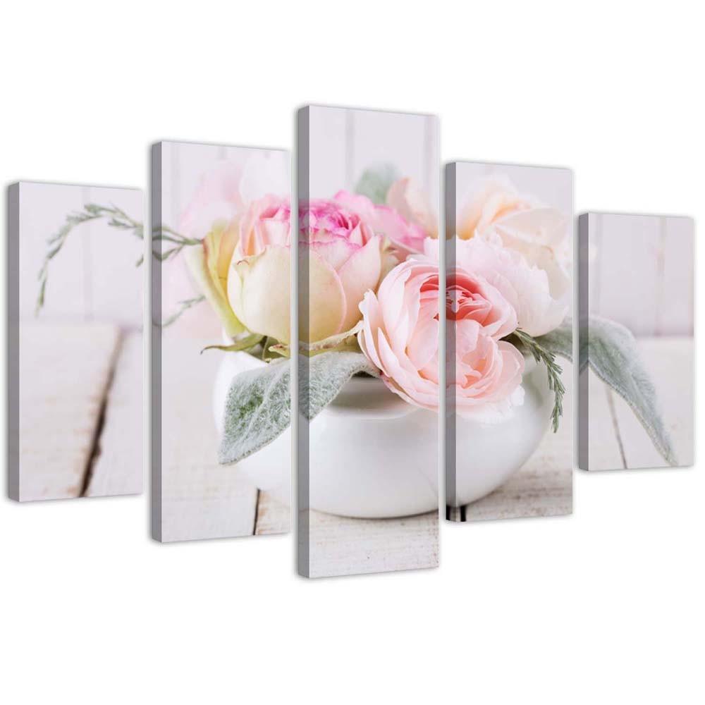 5 stykke lærredsprint, Roses Vase Nature Flowers