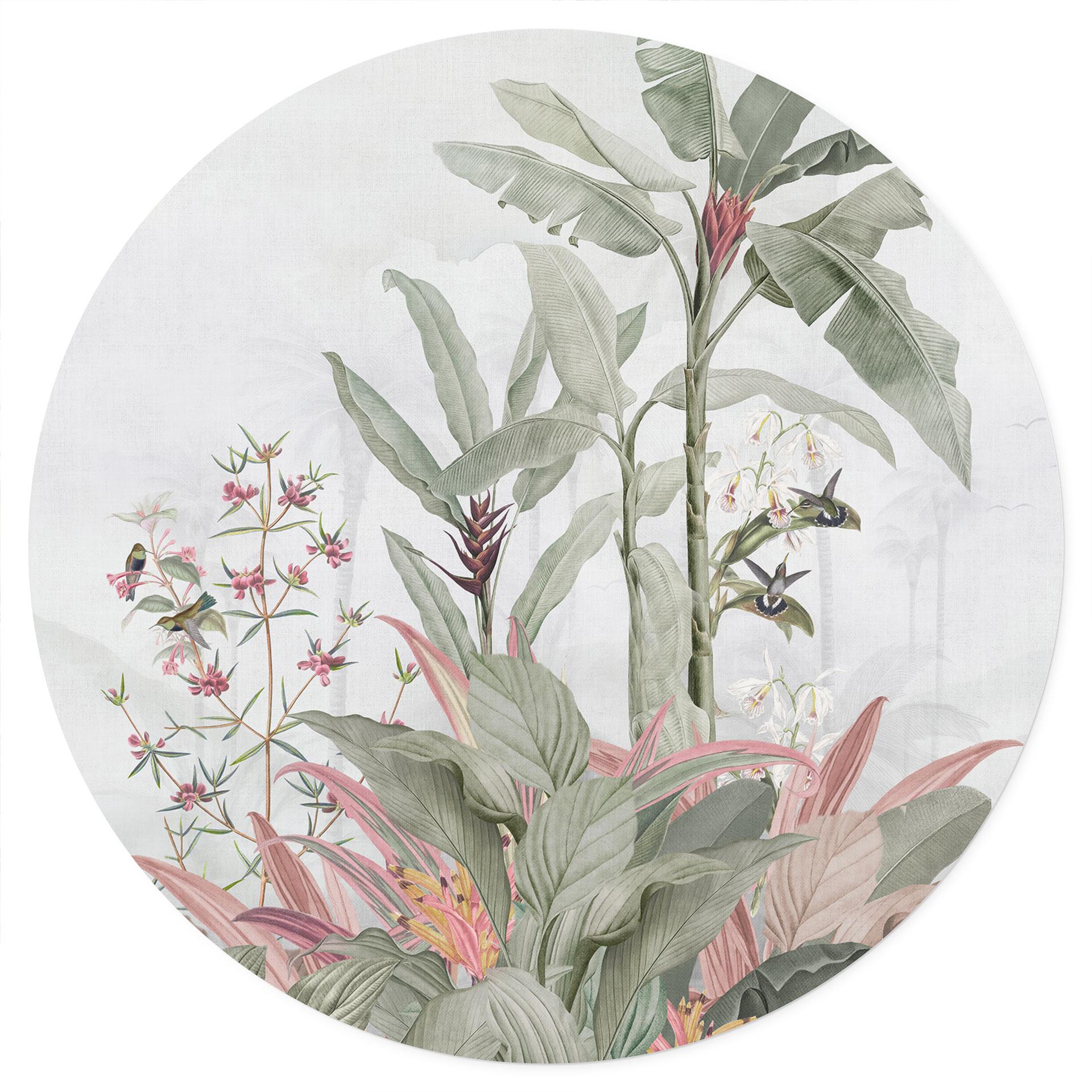 Muursticker Tropische idylle met blauwe kolibrie - Bloemdecor - Rond