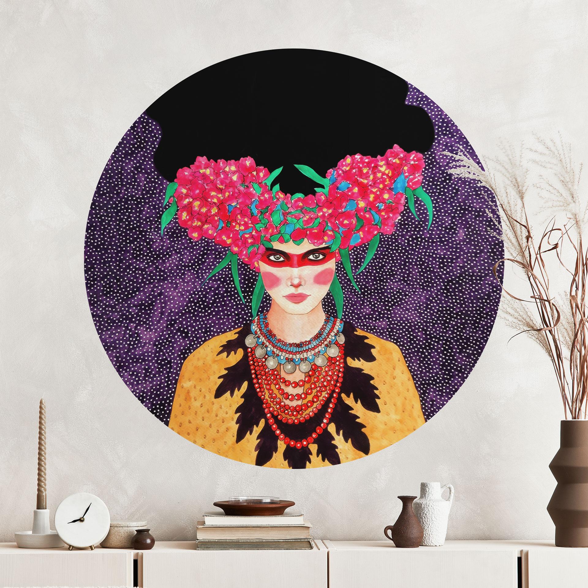 Wallsticker Kvinde med blomsterkrans og styrke - Hülya - Rund