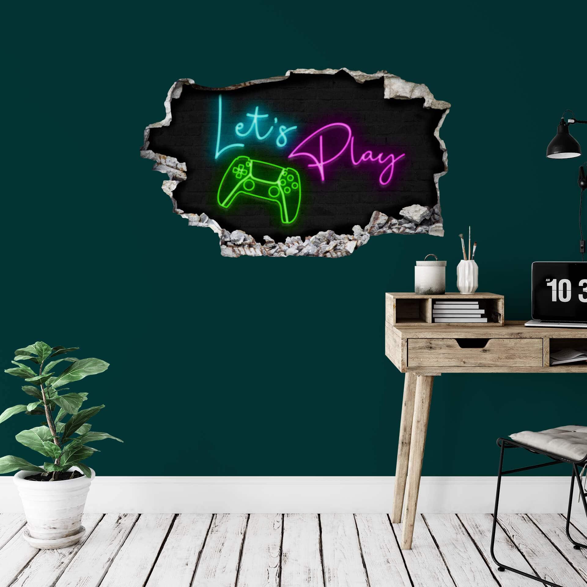 3D Wandtattoo Lets Play mit Spielecontroller - Neonlicht