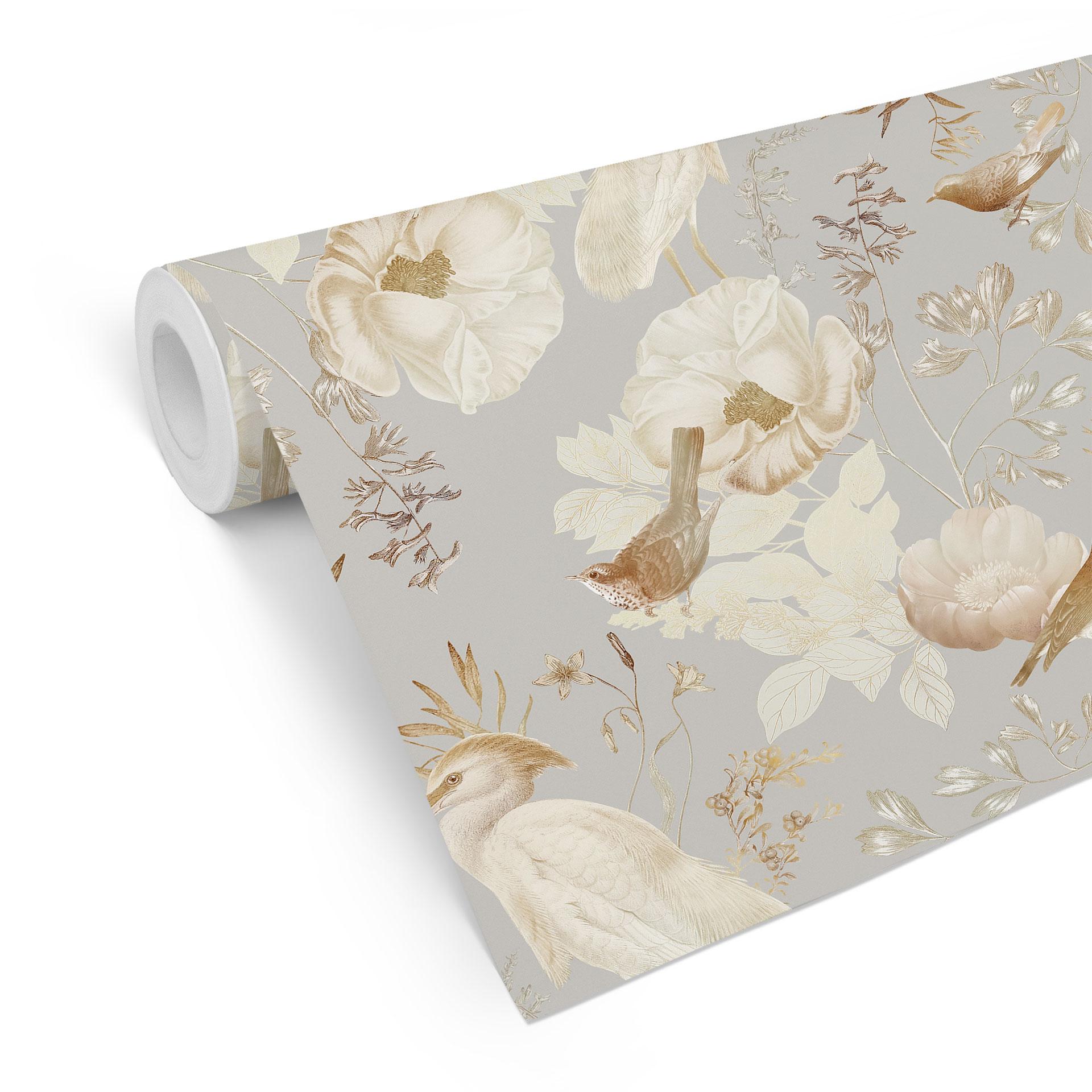 Tapet med mønster - fugle blandt hvide blomster - UN Designs