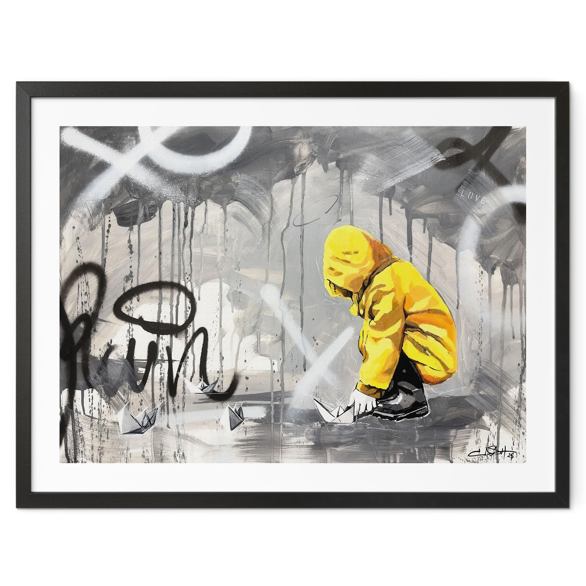Poster Kind mit Papierschiff Streetart - Habib