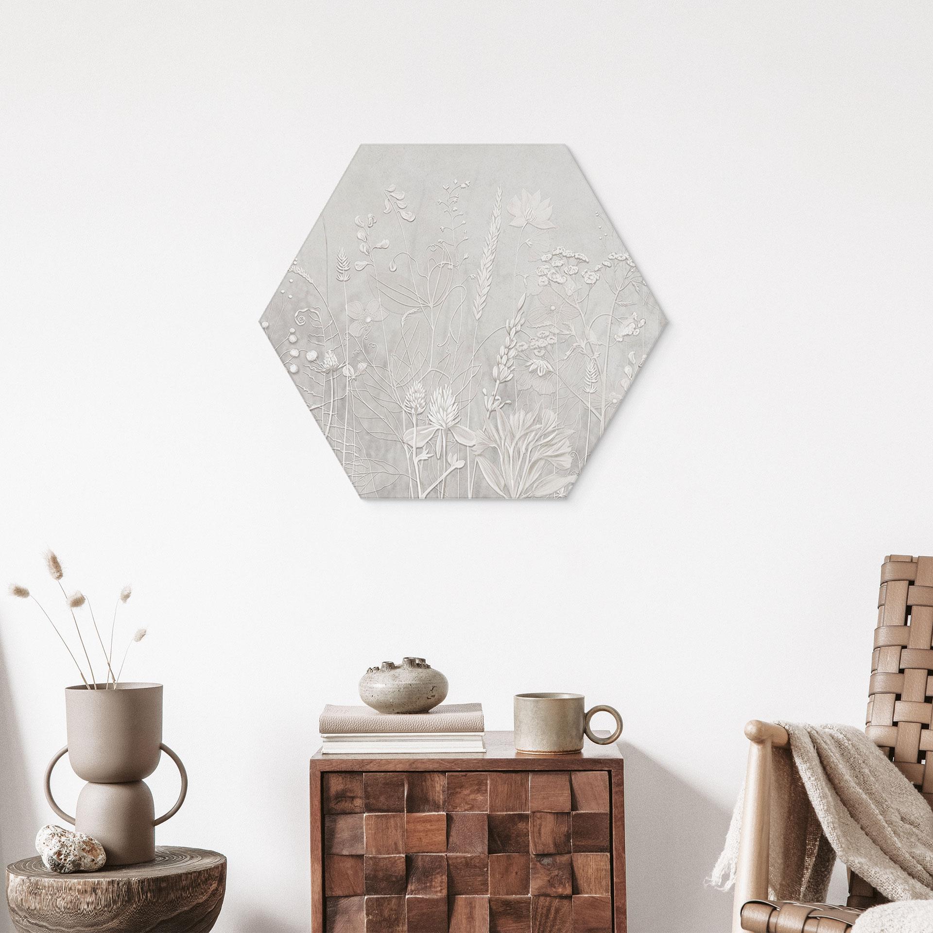 Hexagon Wandbild Pflanzen in Weiß im modernen Design - Ms Tiff - Alu-Dibond