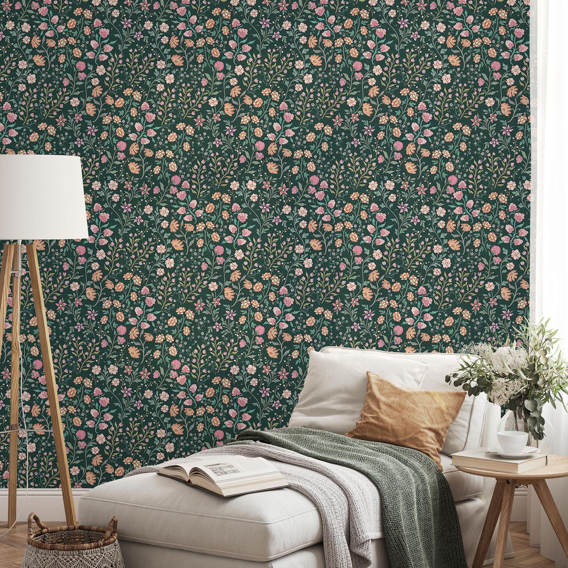 Fototapet med blomstermønster - Engblomster vintage - Mørkegrøn - Bloomery Decor