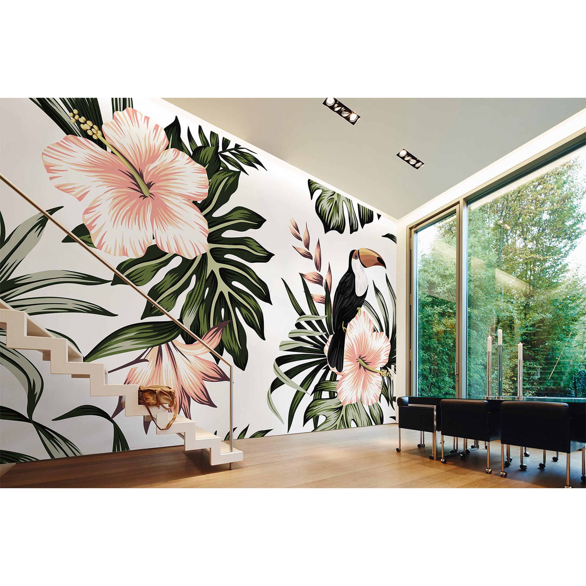 hvid og pink non-woven tapet Designwalls Designwalls Tukan fugle jungle