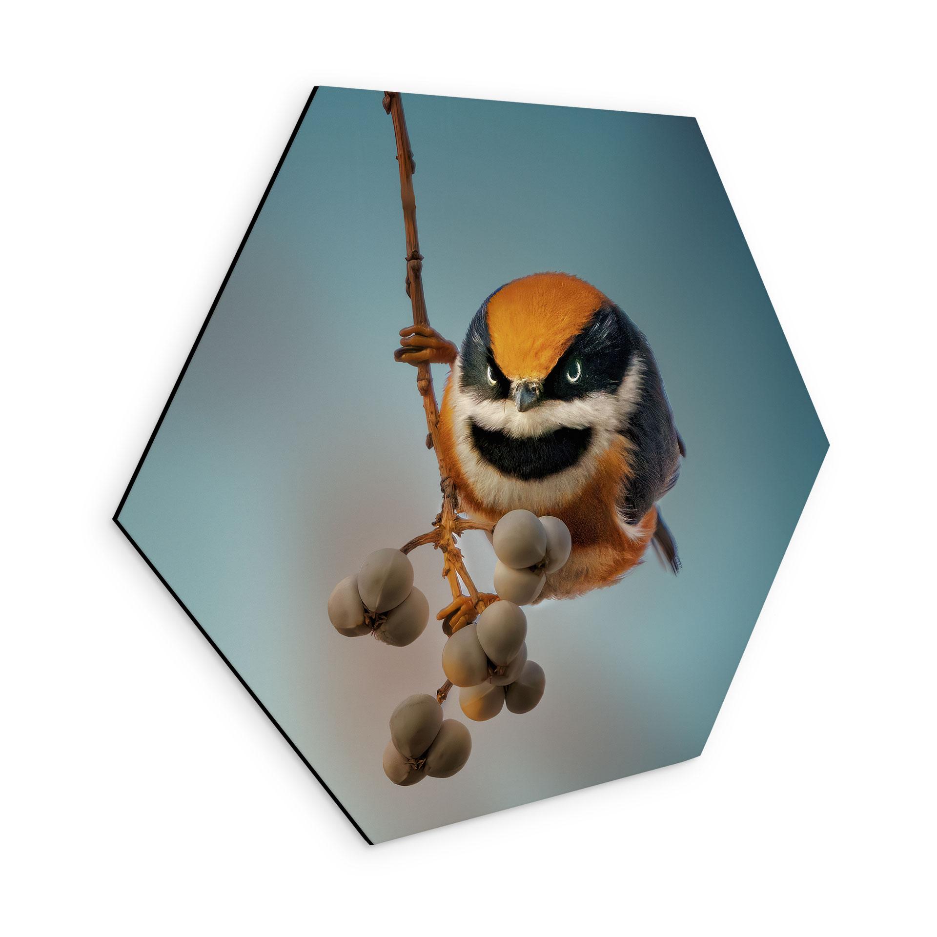 Hexagon Wandbild Kleiner Vogel am Ast - Jacob Xu - Alu-Dibond