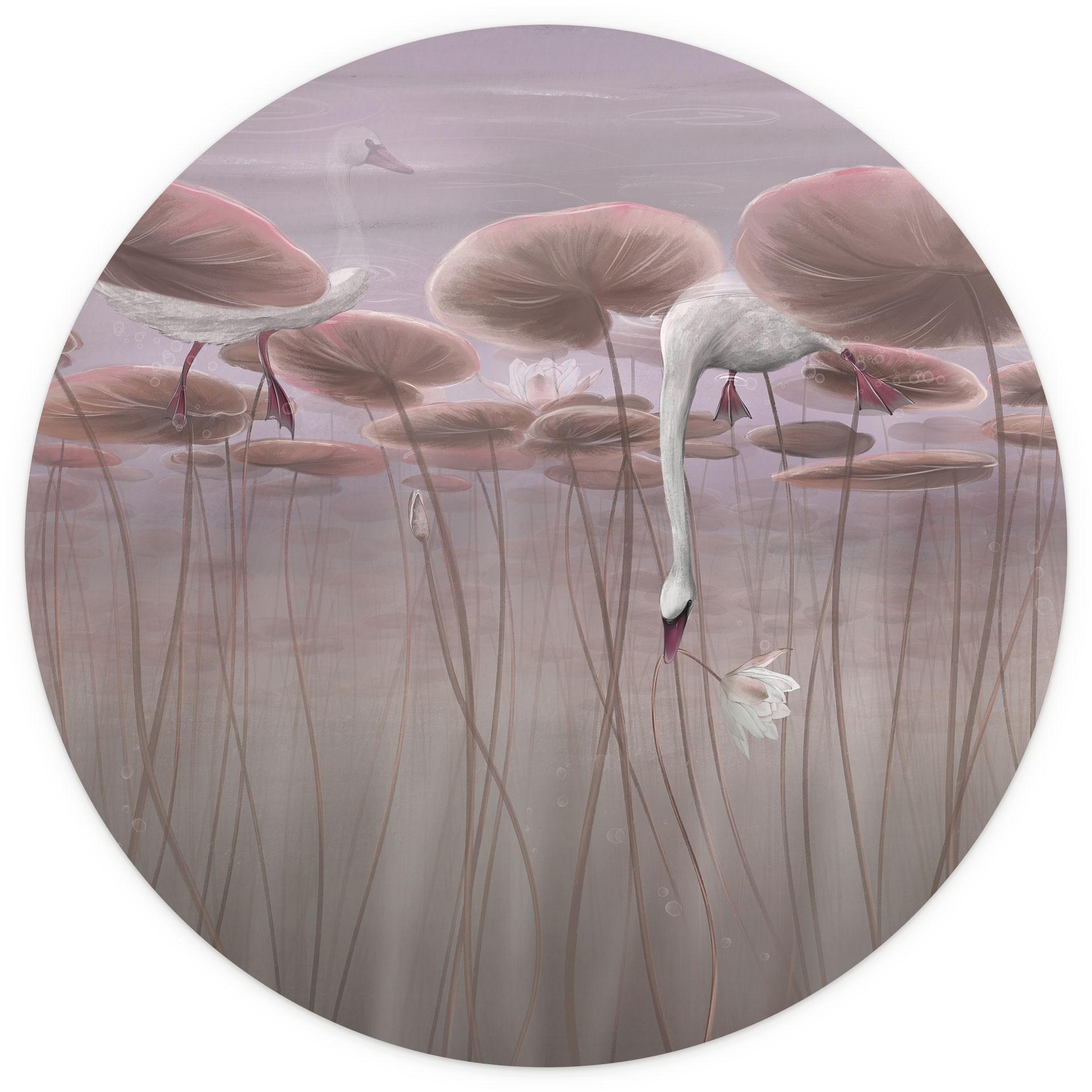 Lotusbloemen met zwaan in het water in donkerroze - Ms Tiff - Rond - Zelfklevend/niet-geweven
