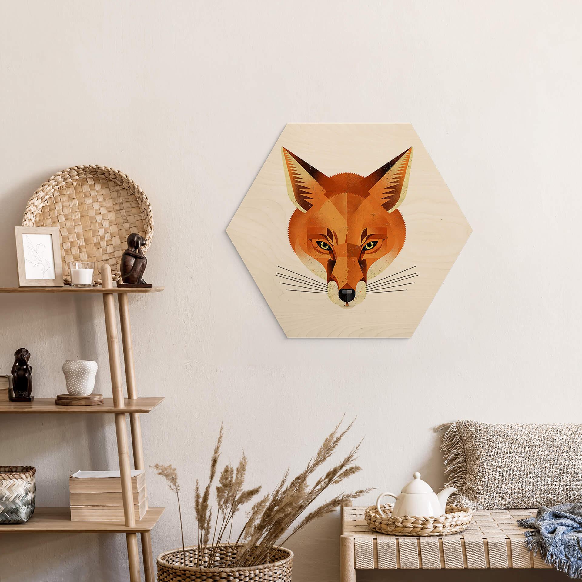 Hexagon Holzbild mit Tier-Motiv - Fuchs - Braun