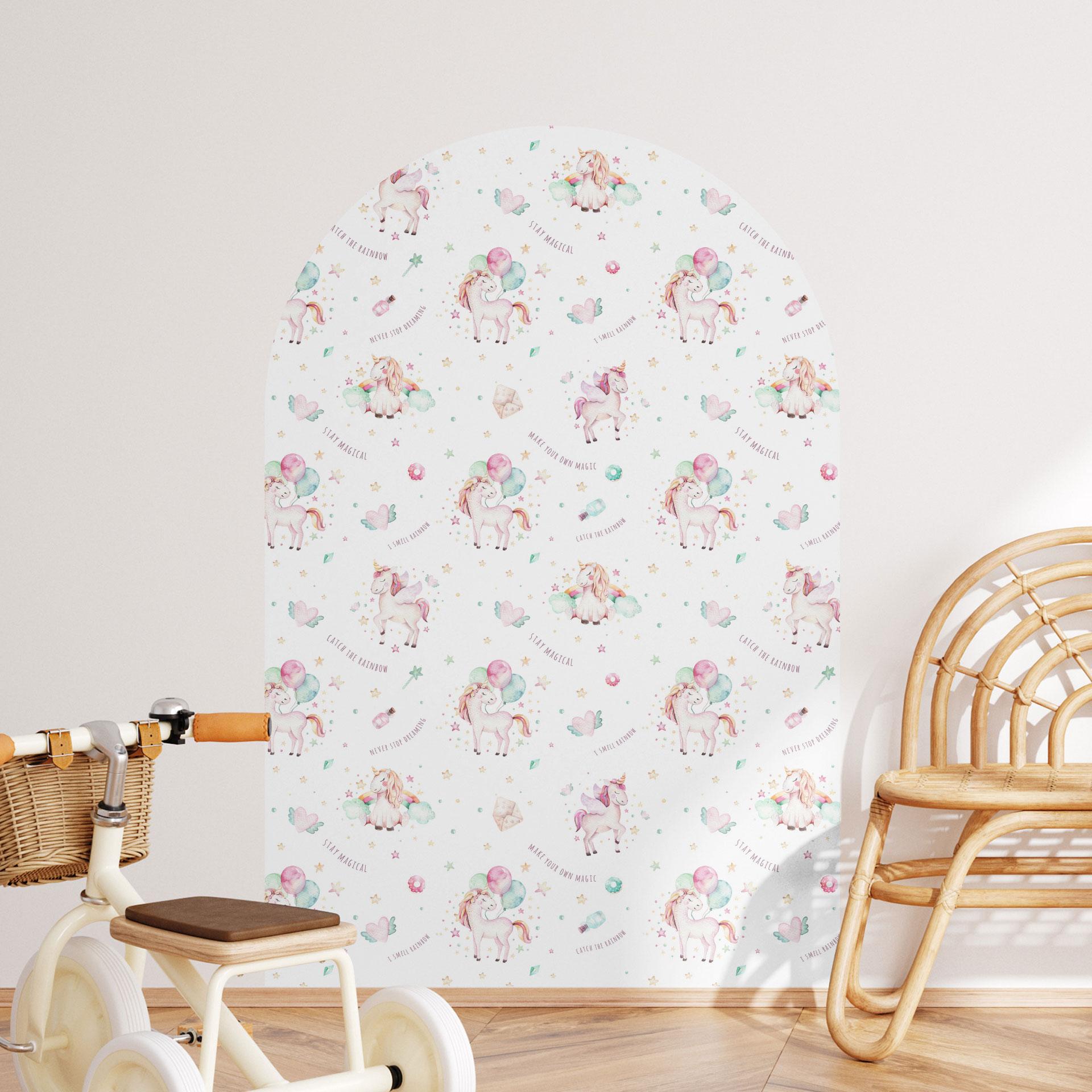 Wallsticker rundbue vægpanel Søde enhjørninger balloner - Kvilis - bred