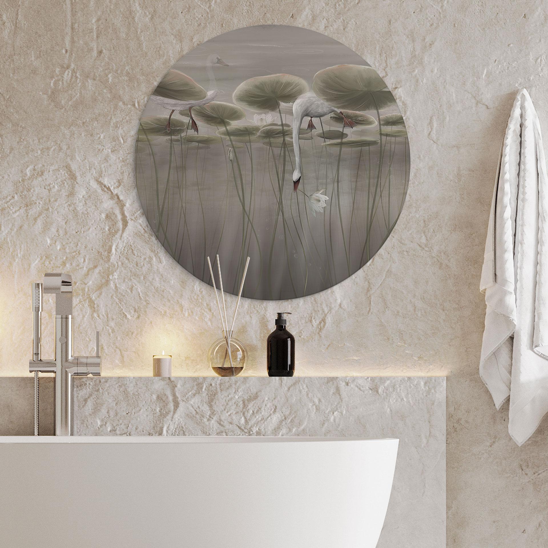 Wandbild Lotusblumen mit Schwan im Wasser in Grau - Ms Tiff - Alu-Dibond Rund