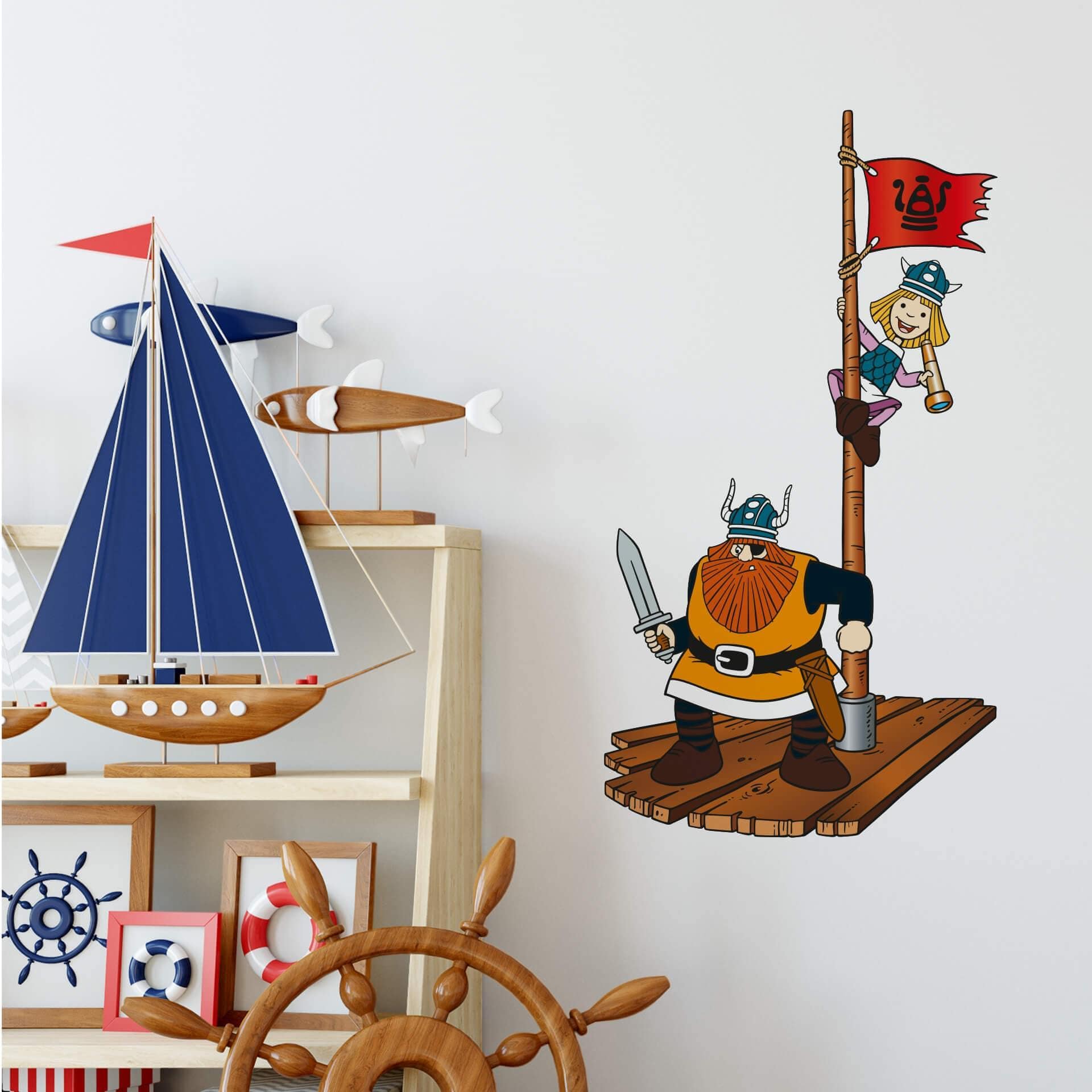 Muursticker Wickie de Viking en Halvar op een vlot