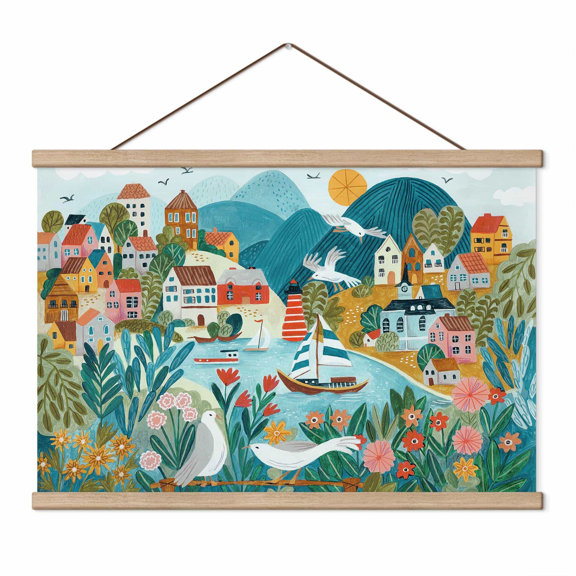 Textielposter Kleurrijk kustdorpje in de zomer - Bonne Müller