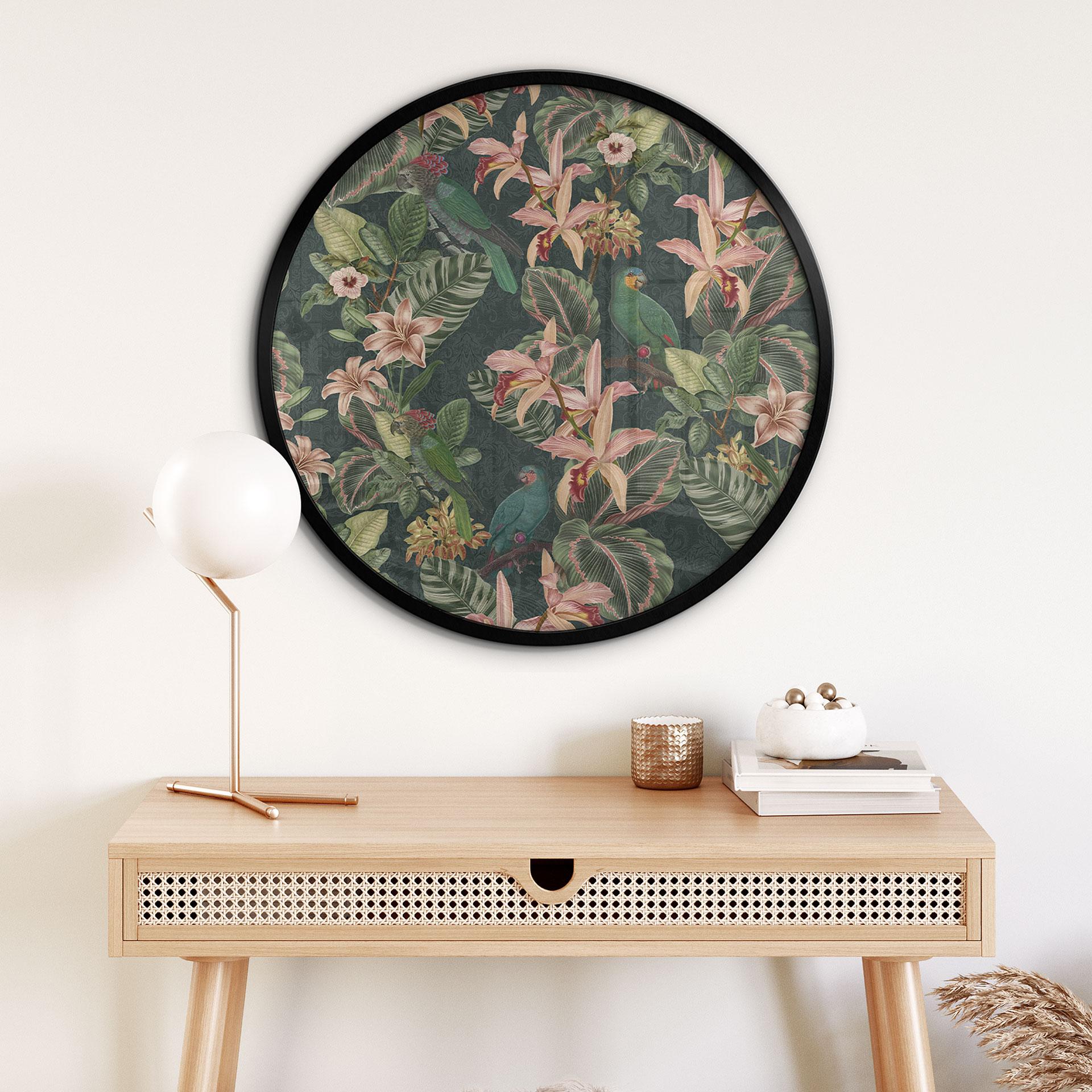 Jungle plakat med papegøjer natgrøn - Bloomery Decor - Round