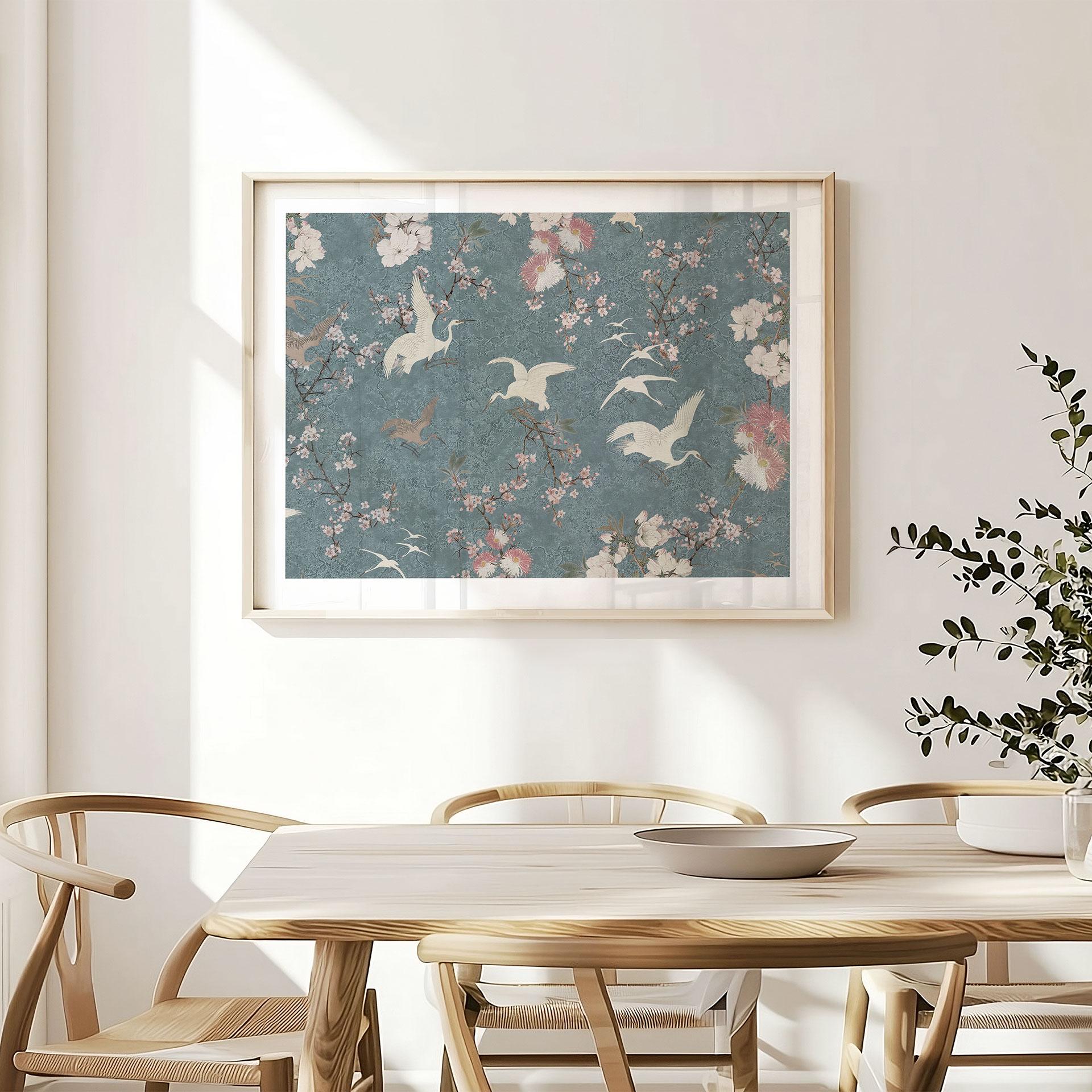 Kraner på plakat i kirsebærblomstrende blå - Bloomery Decor