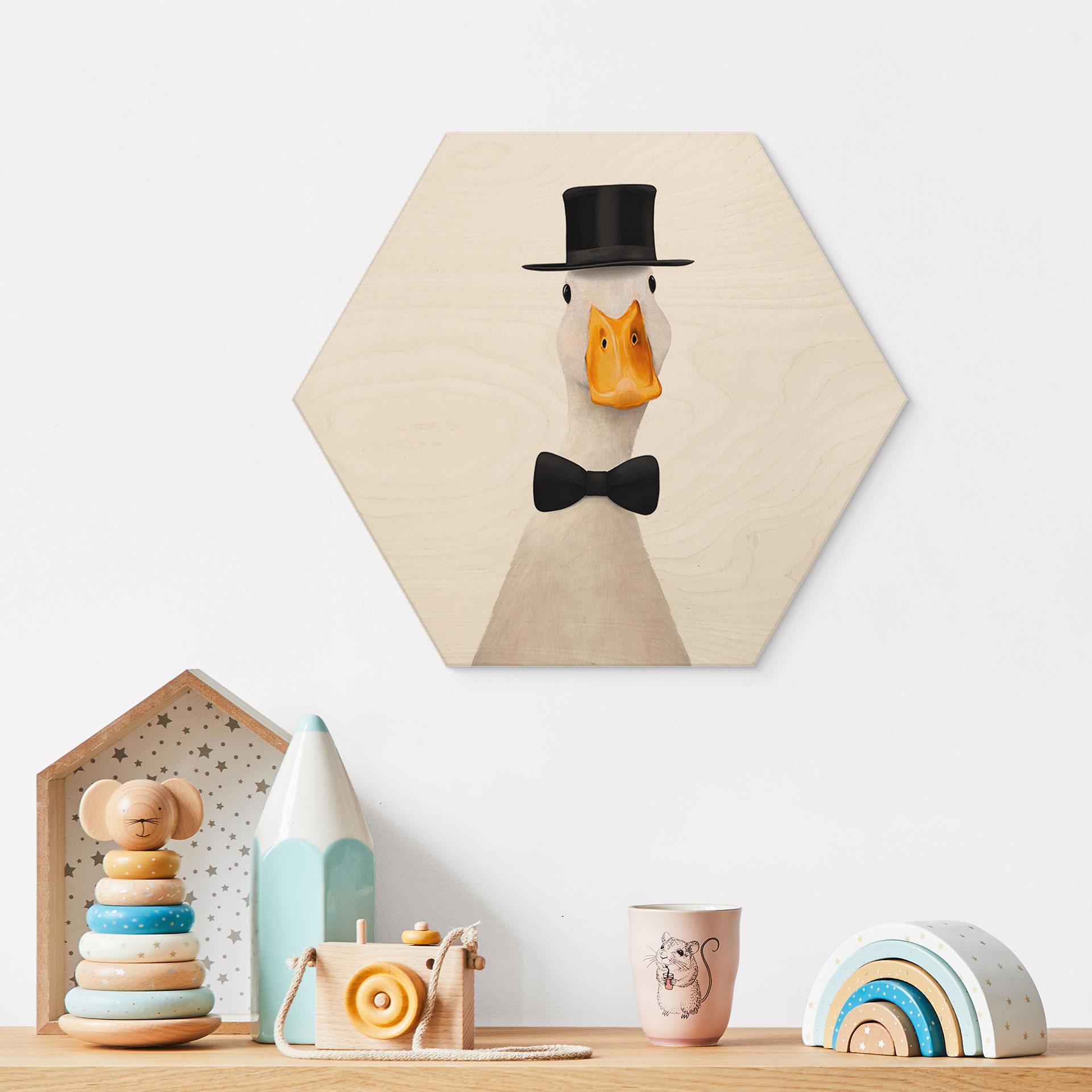 Hexagon Billede af træ Gentleman Gås med Cylinder - Korenkova