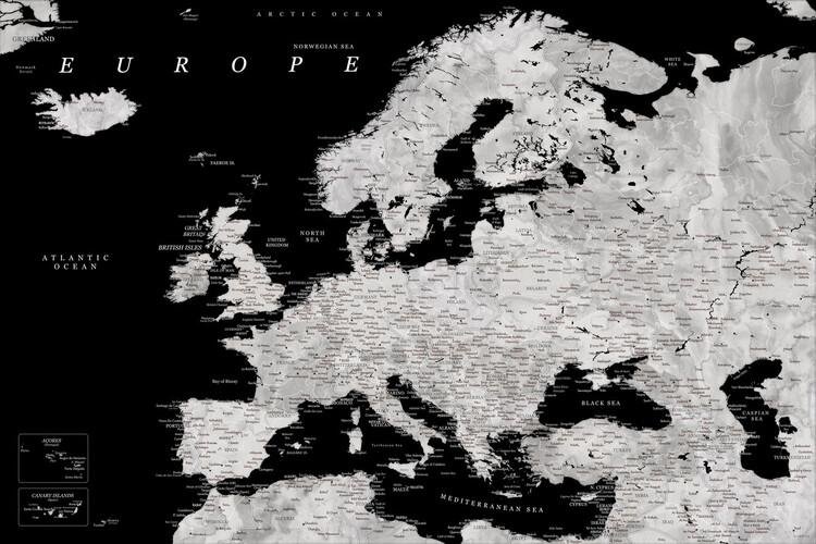 Plakat Blursbyai - Sort og gråt Europakort, plakat (60 x 40 cm)