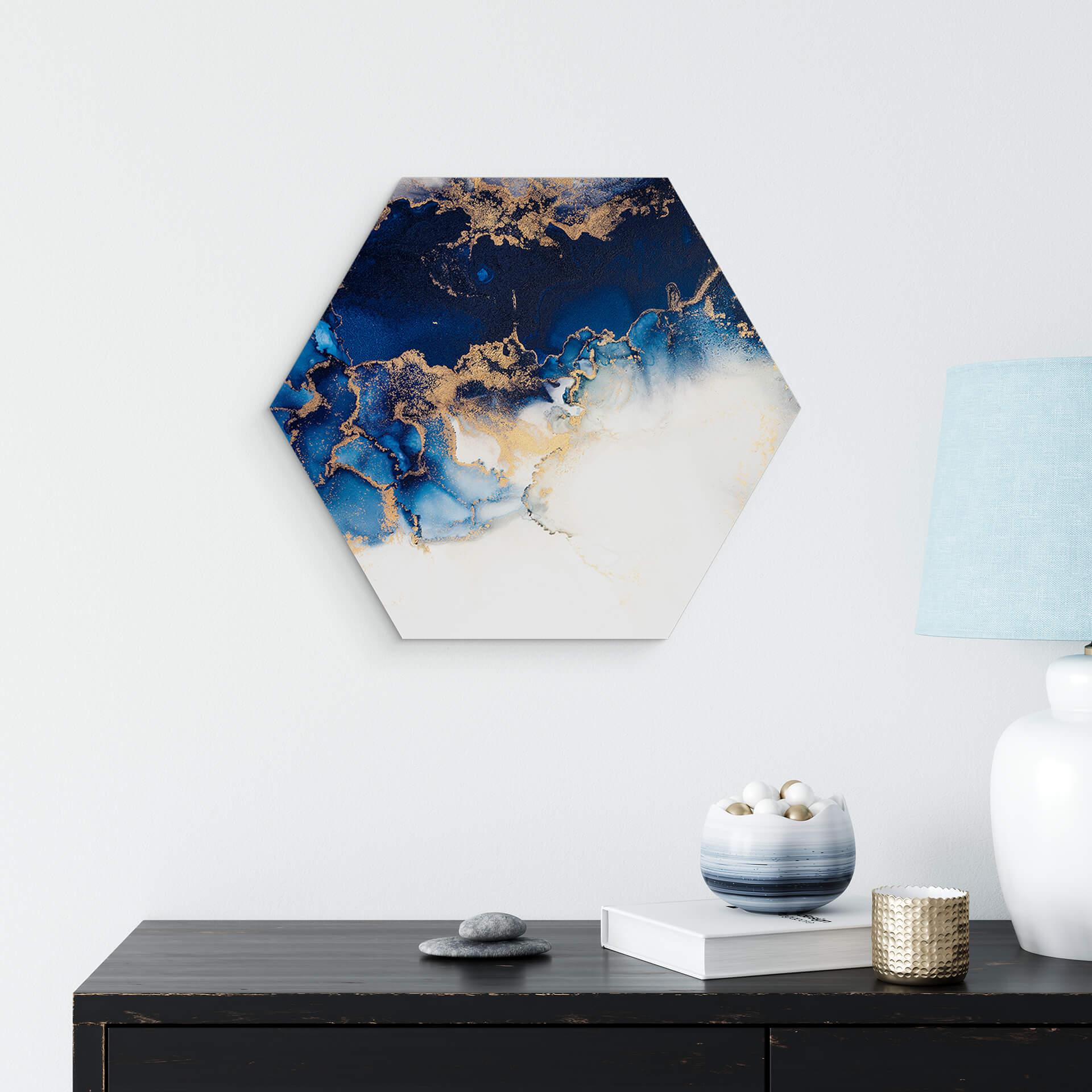 Hexagon Dibond Abstract Marmer met Blauw en Goud