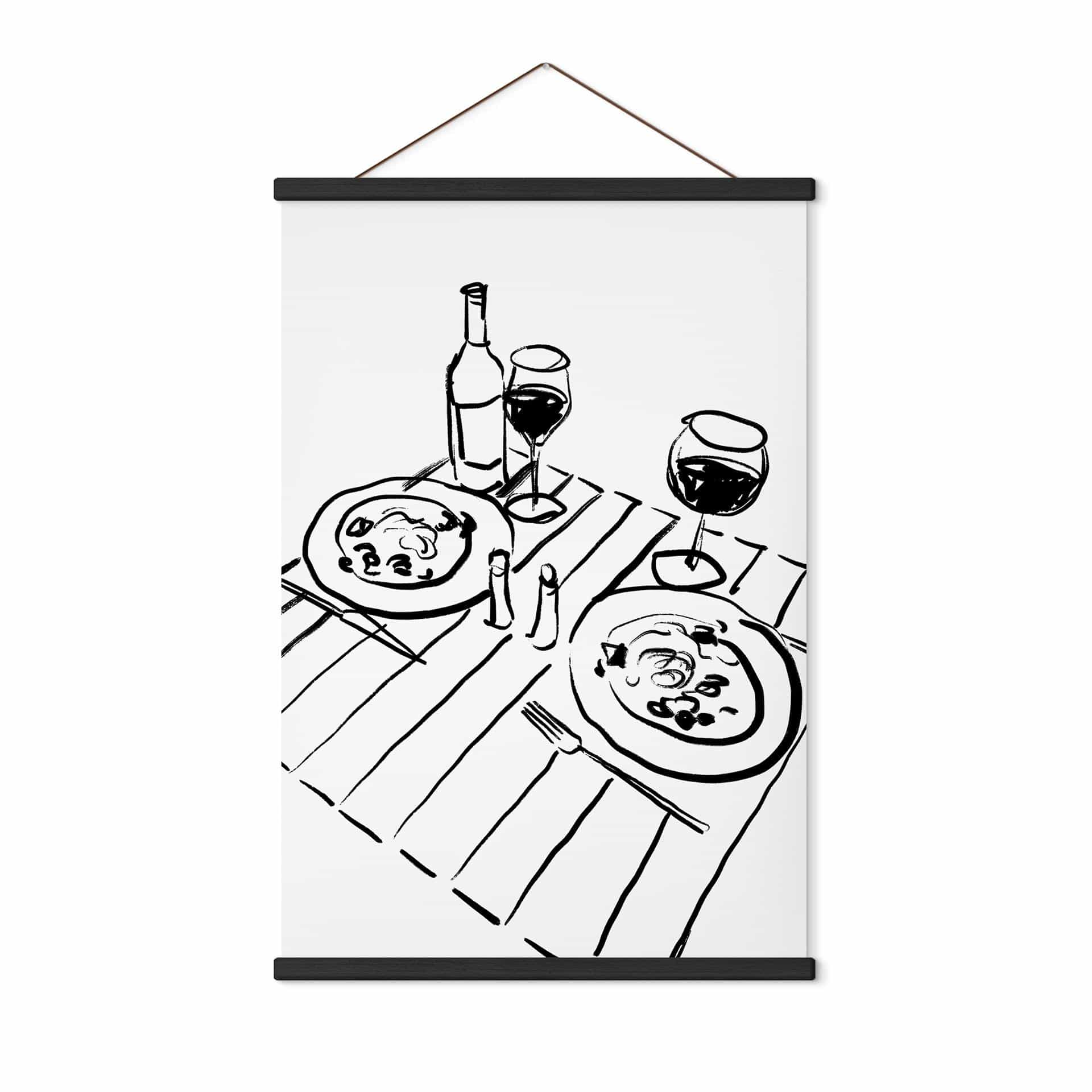 Tekstil plakat Line Art - Stilleben middag med vin - Treechild
