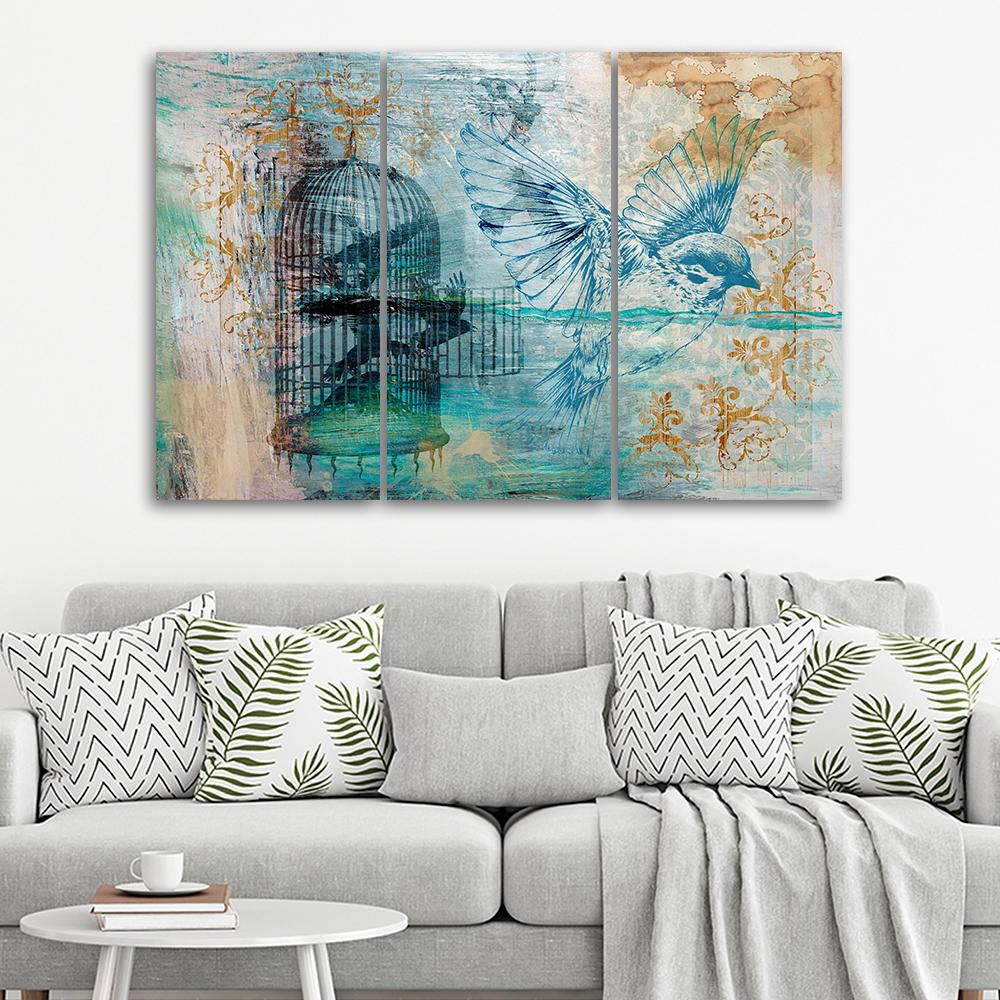 3-delige canvas print, vogelkooi vintage